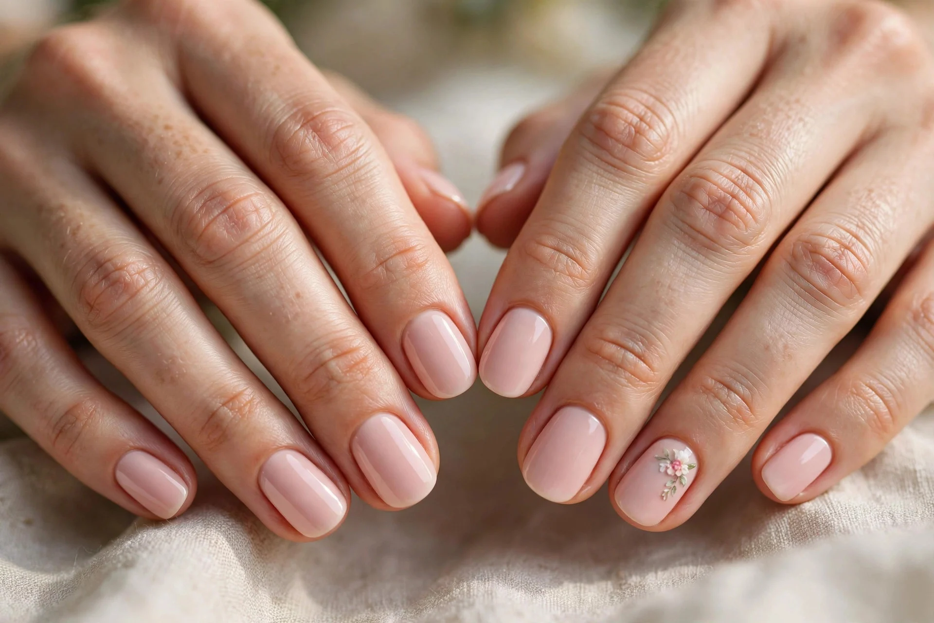 Two hands side by side, both blush pink, one with floral accent nail