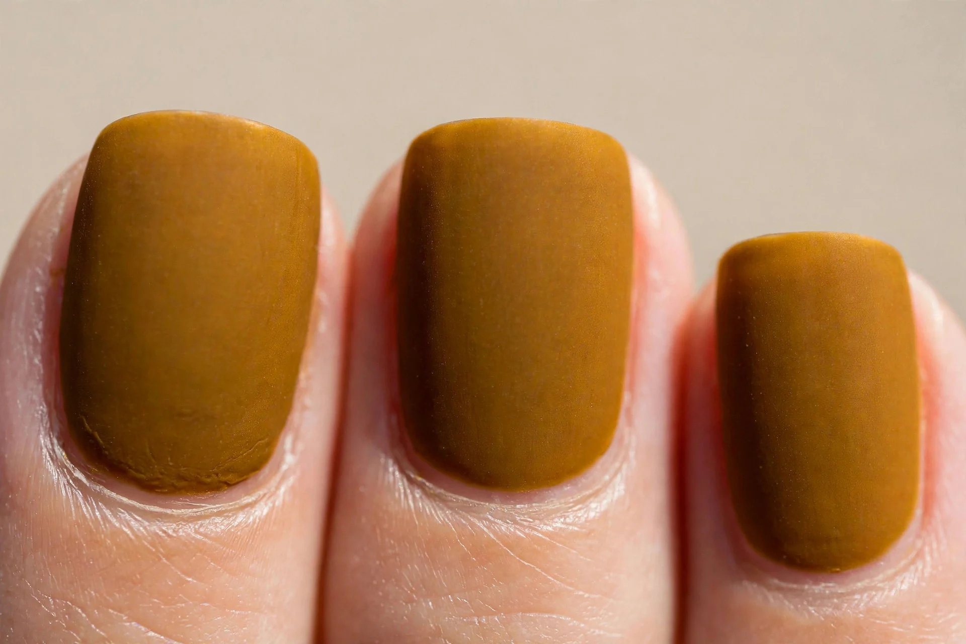 deep ochre matte gel polish, short squoval nails, velvety matte finish, no nail art