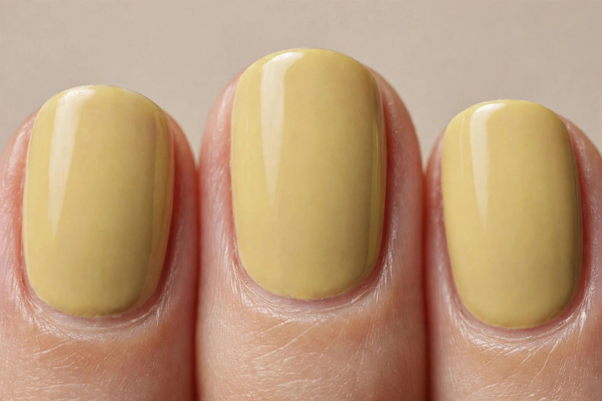 pale Dijon crème, short natural oval nails, glossy finish, no nail art