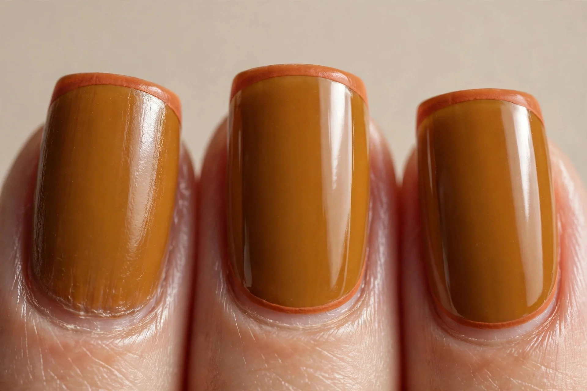 burnt mustard base, medium square nails, thin terracotta orange French tips, glossy