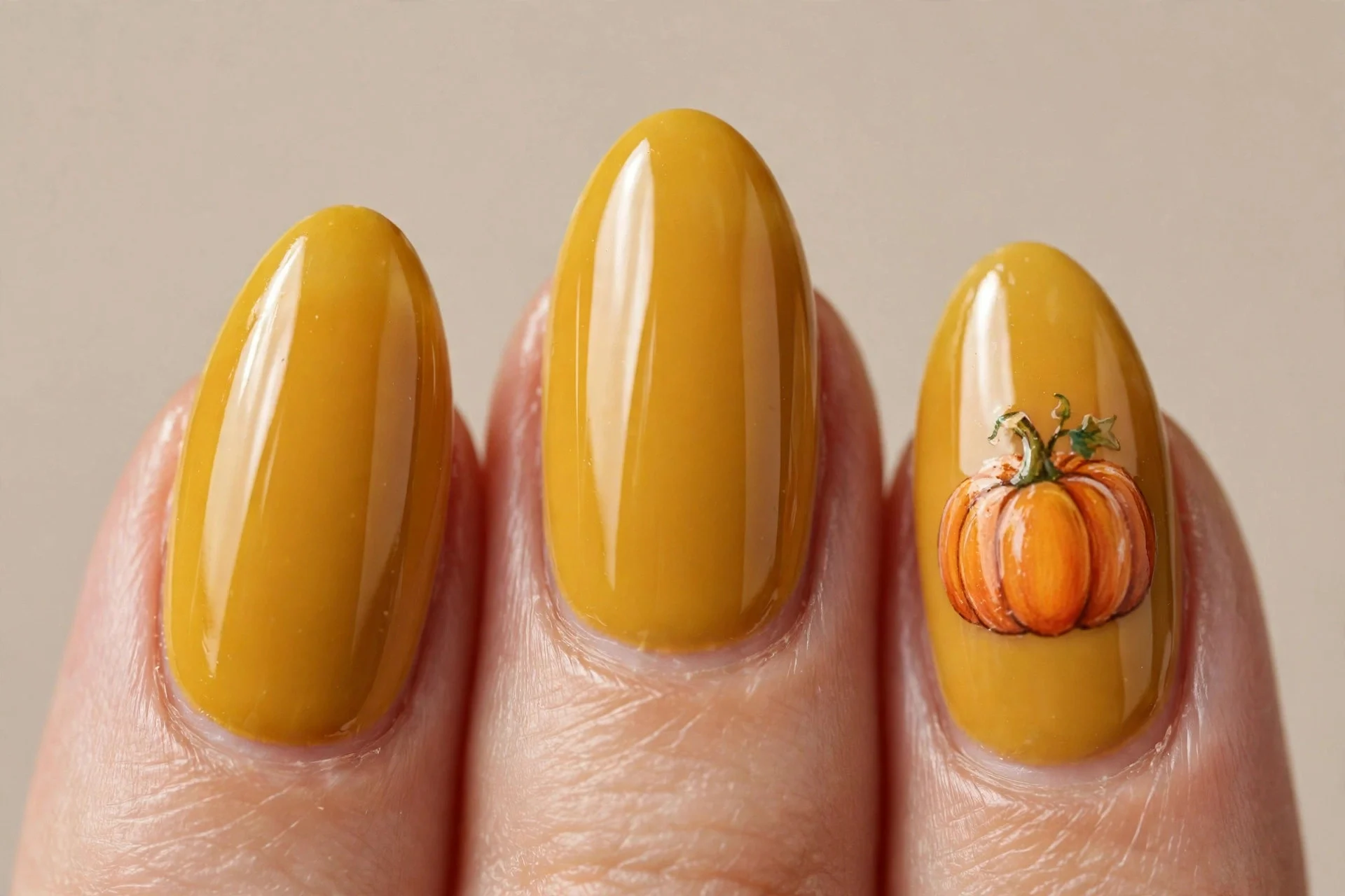 golden mustard glossy gel on medium almond nails, ring finger with hand-painted orange pumpkin art with green stem