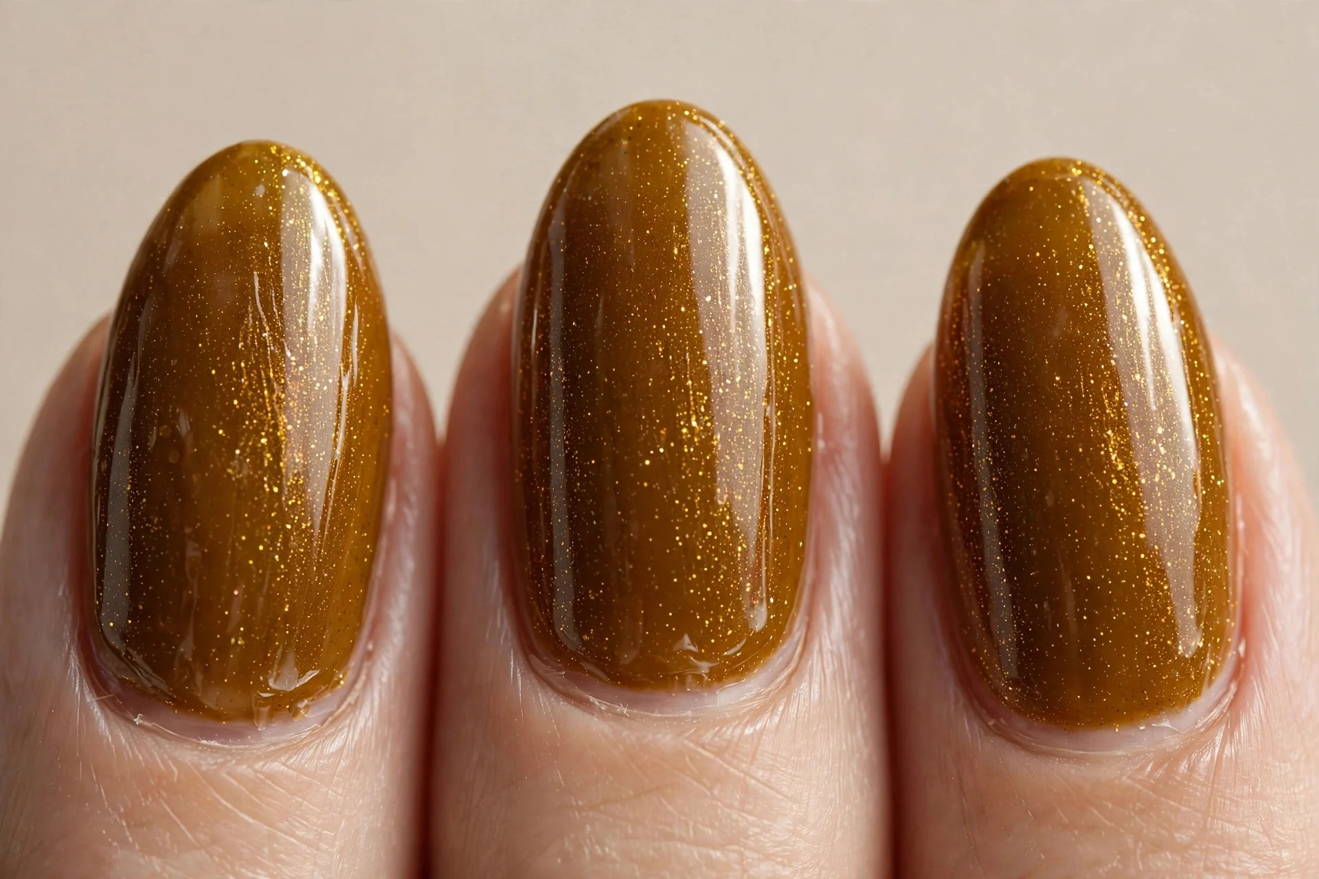 deep ochre gel with fine gold shimmer, medium almond nails, glossy festive finish, no art