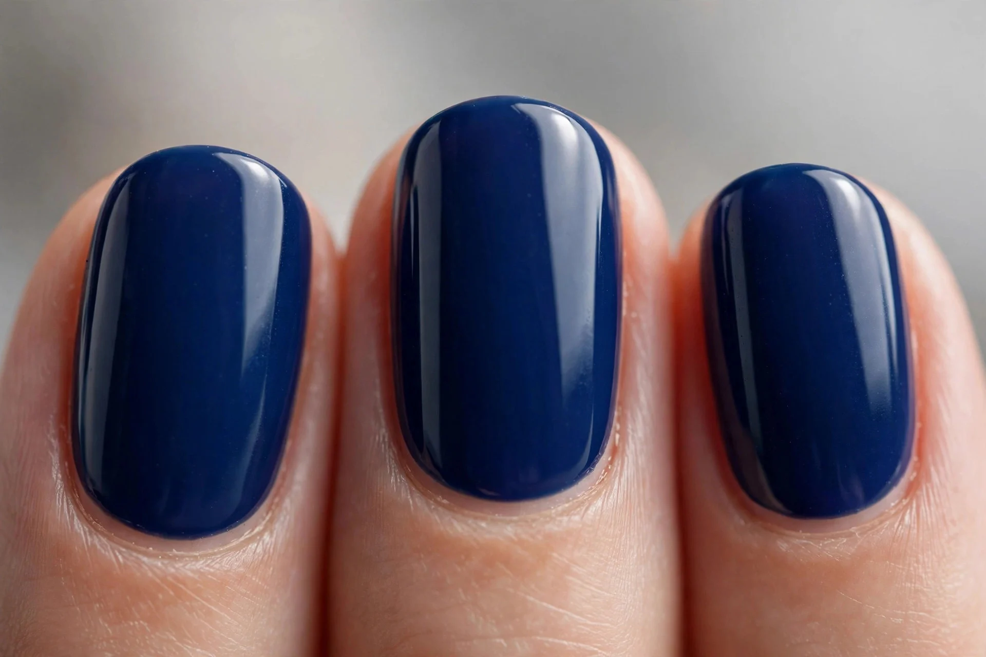 True saturated navy-blue polish, short oval nails, high gloss
