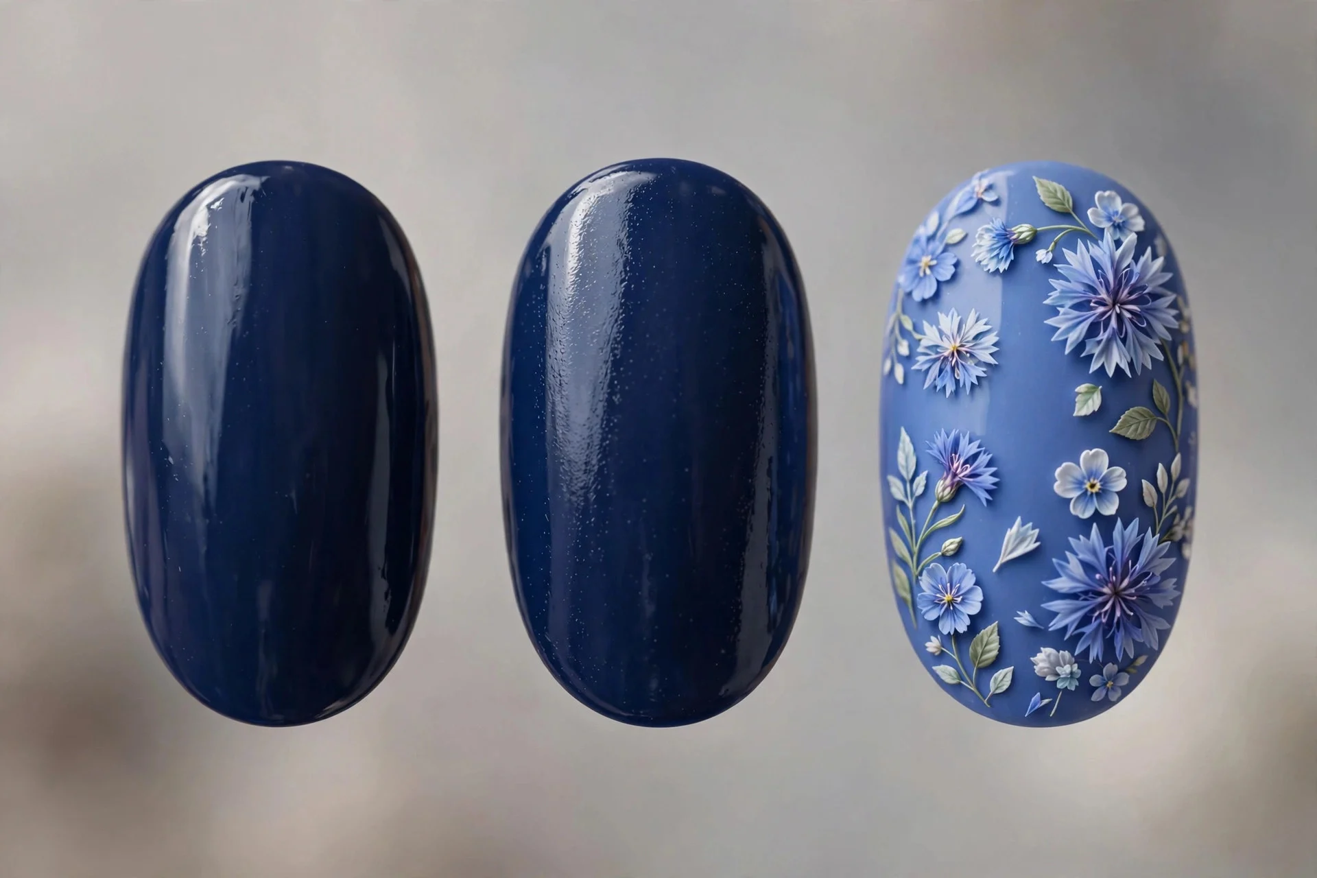 Navy nails with cornflower blue floral accent nail, oval