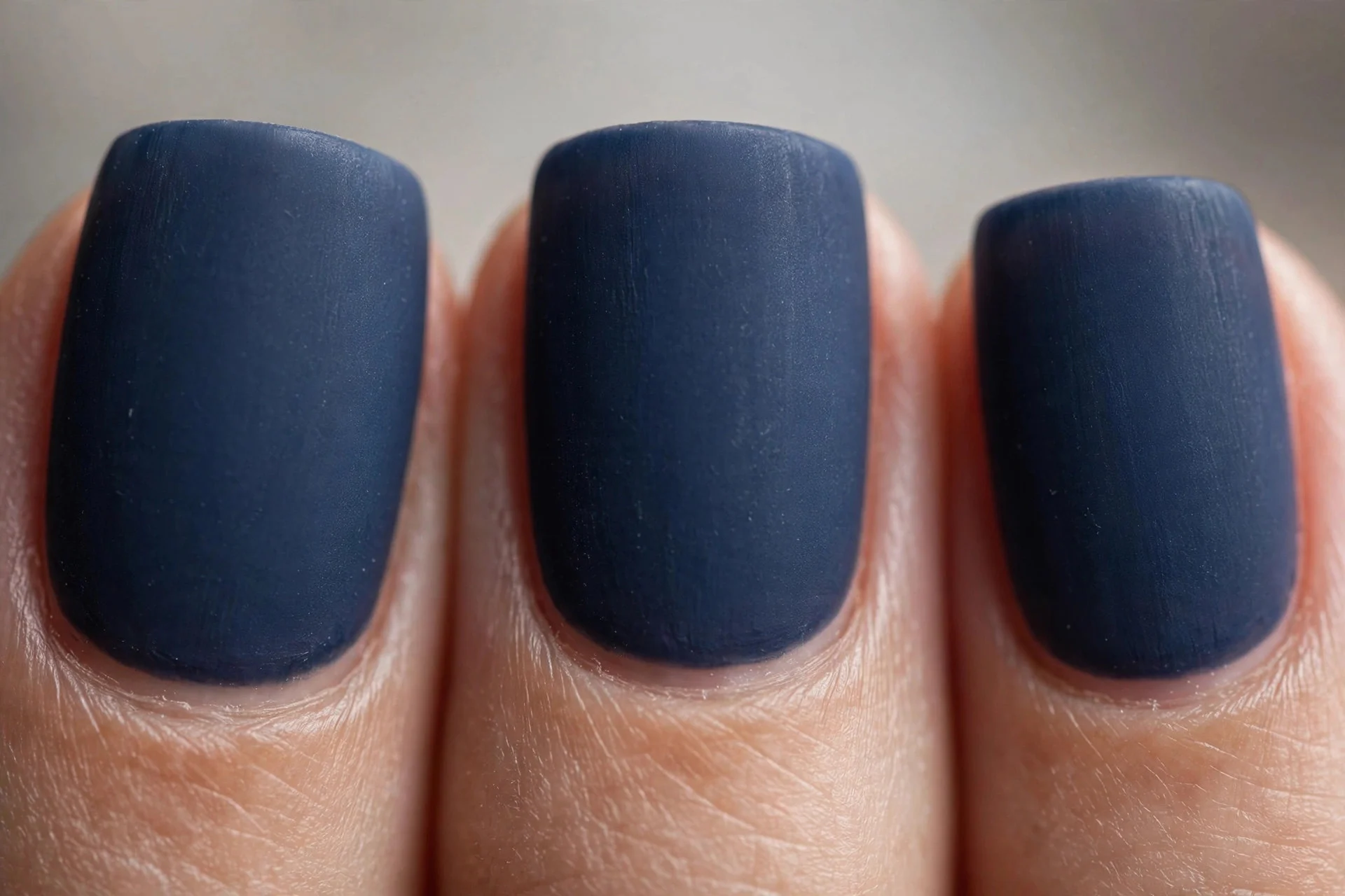 Navy polish with soft matte finish, short square nails