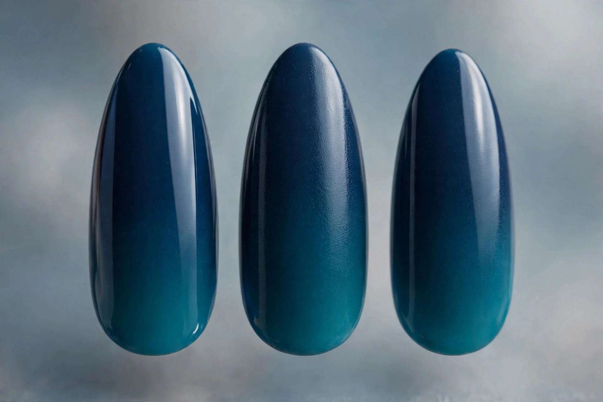 Navy to teal ombr&eacute; gradient, long almond nails