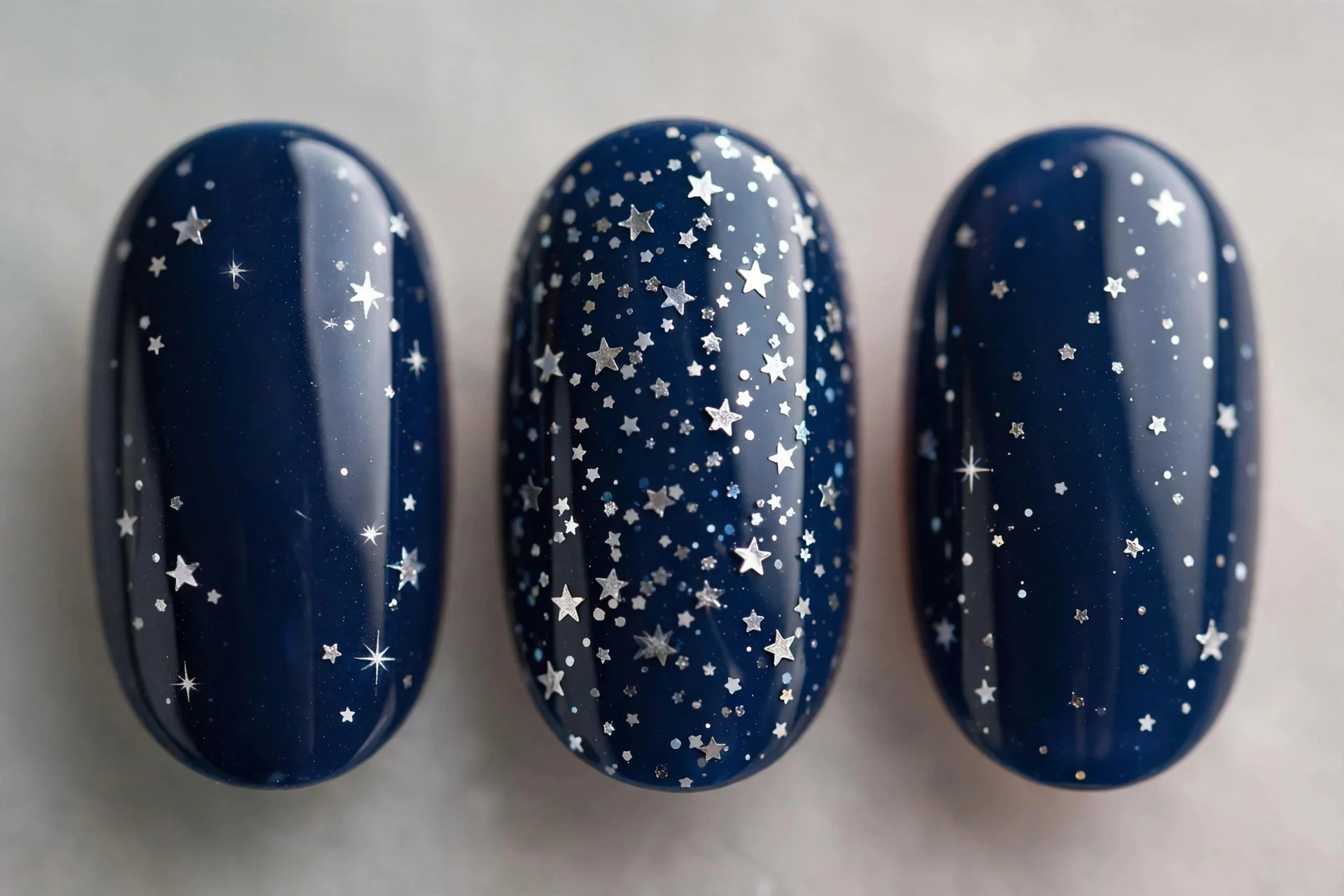 Navy nails with tiny white silver star decals, oval