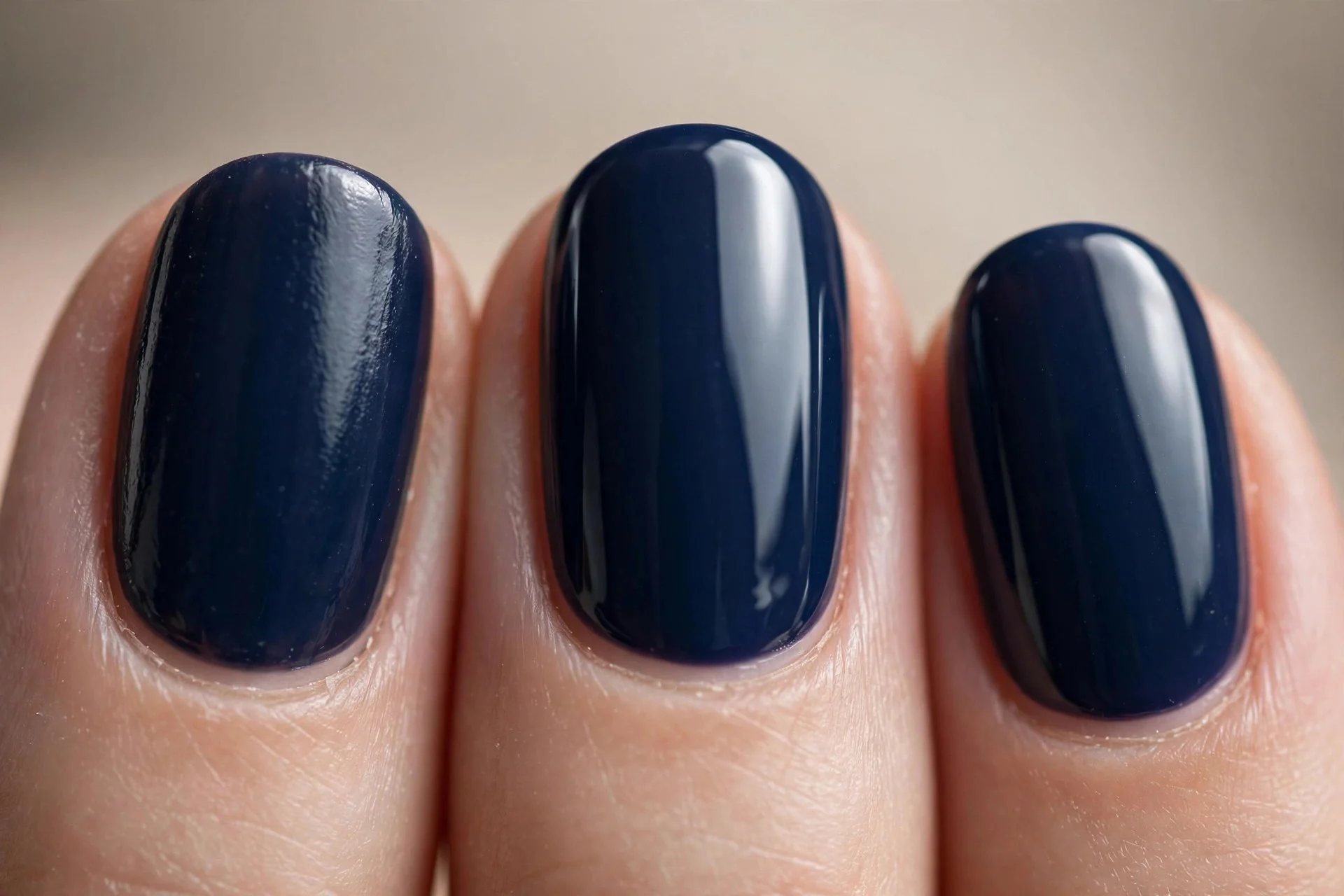 Navy polish with mirror high-gloss finish, medium oval nails
