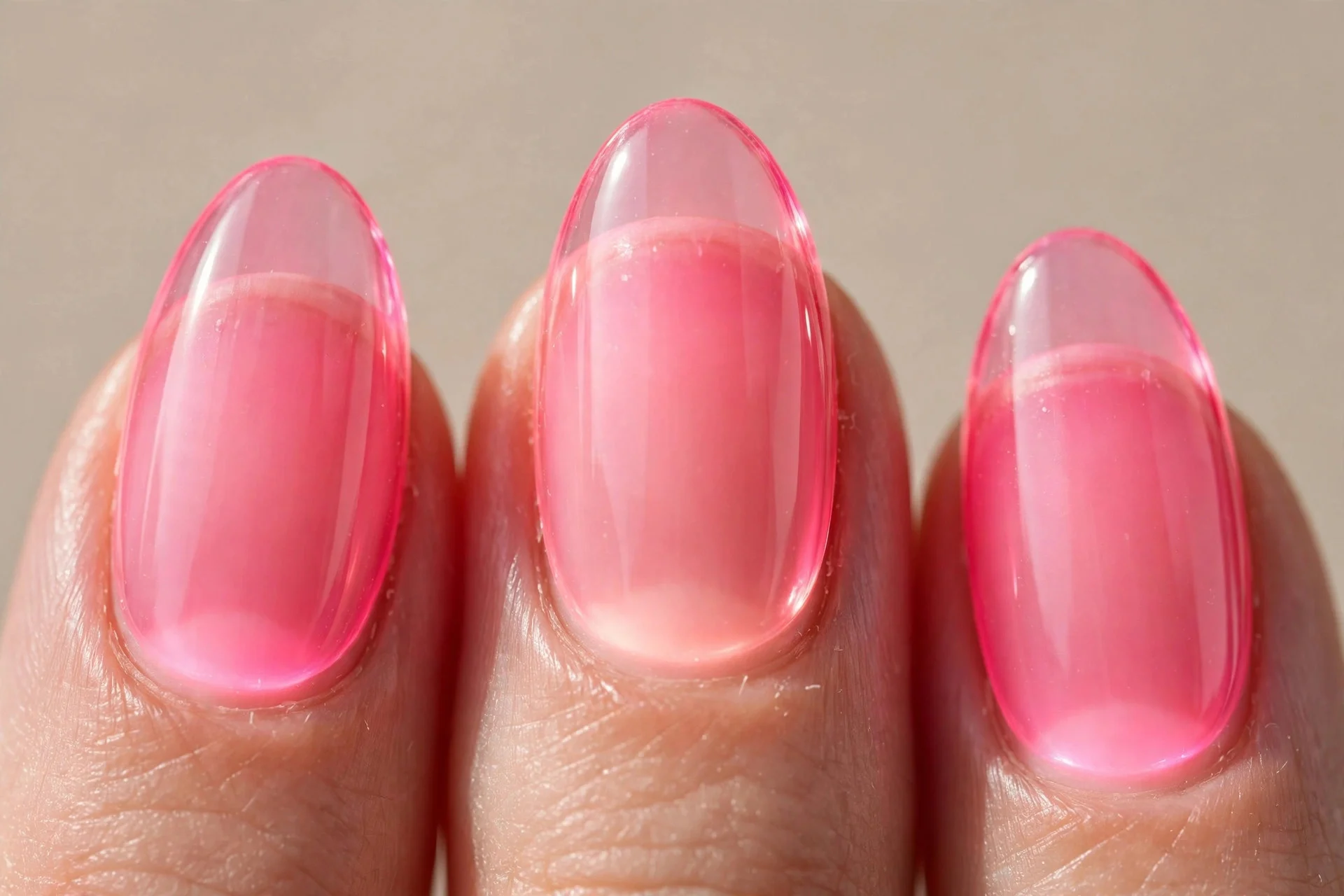 sheer neon-pink gel overlay, almond nails, glossy glow