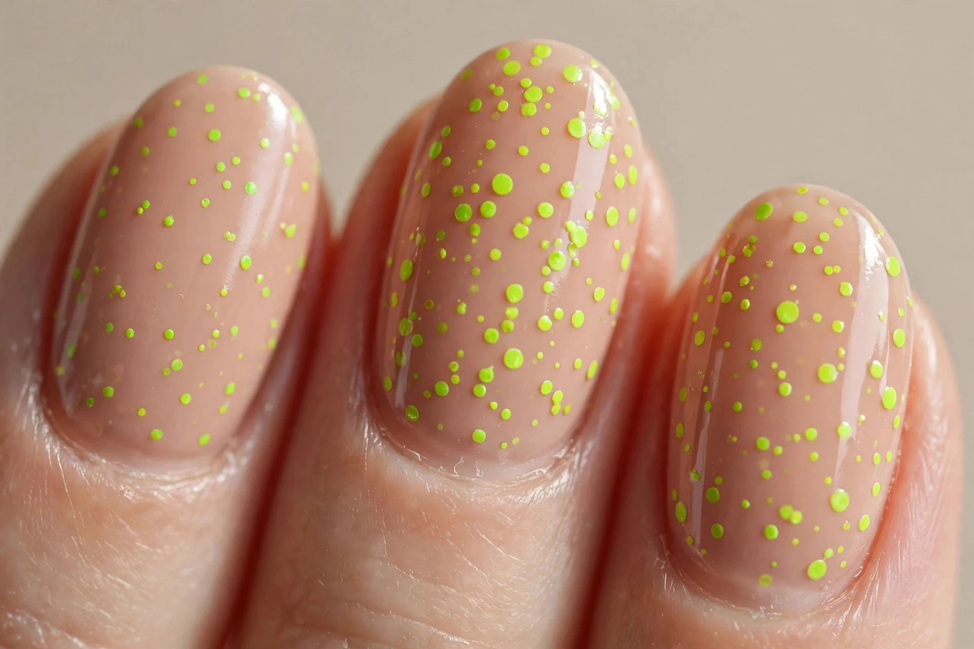 nude oval nails, small neon lime dots, glossy