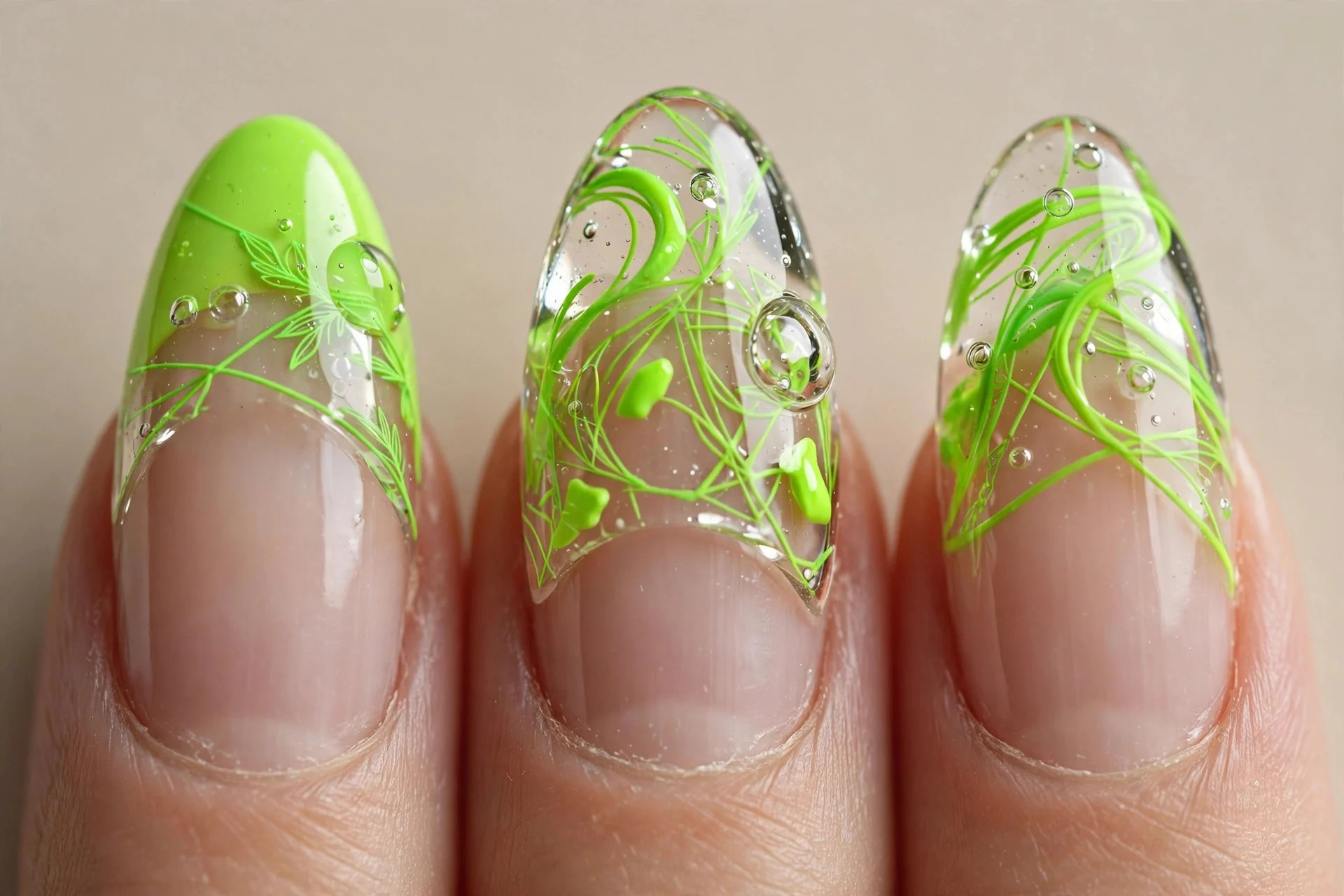 neon green art under clear glass overlay, almond