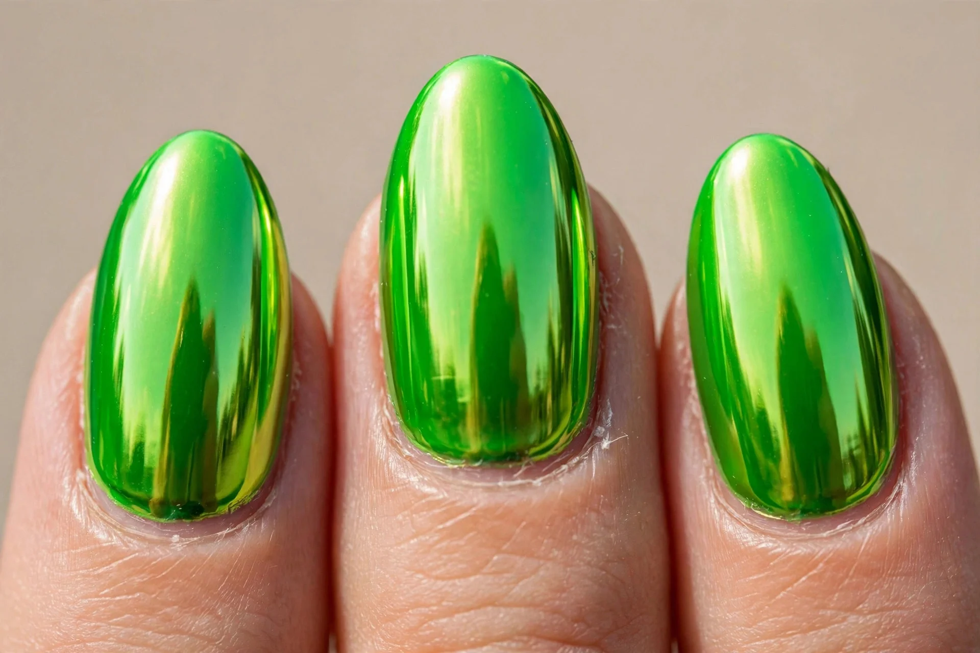 neon green chrome mirror finish, almond nails
