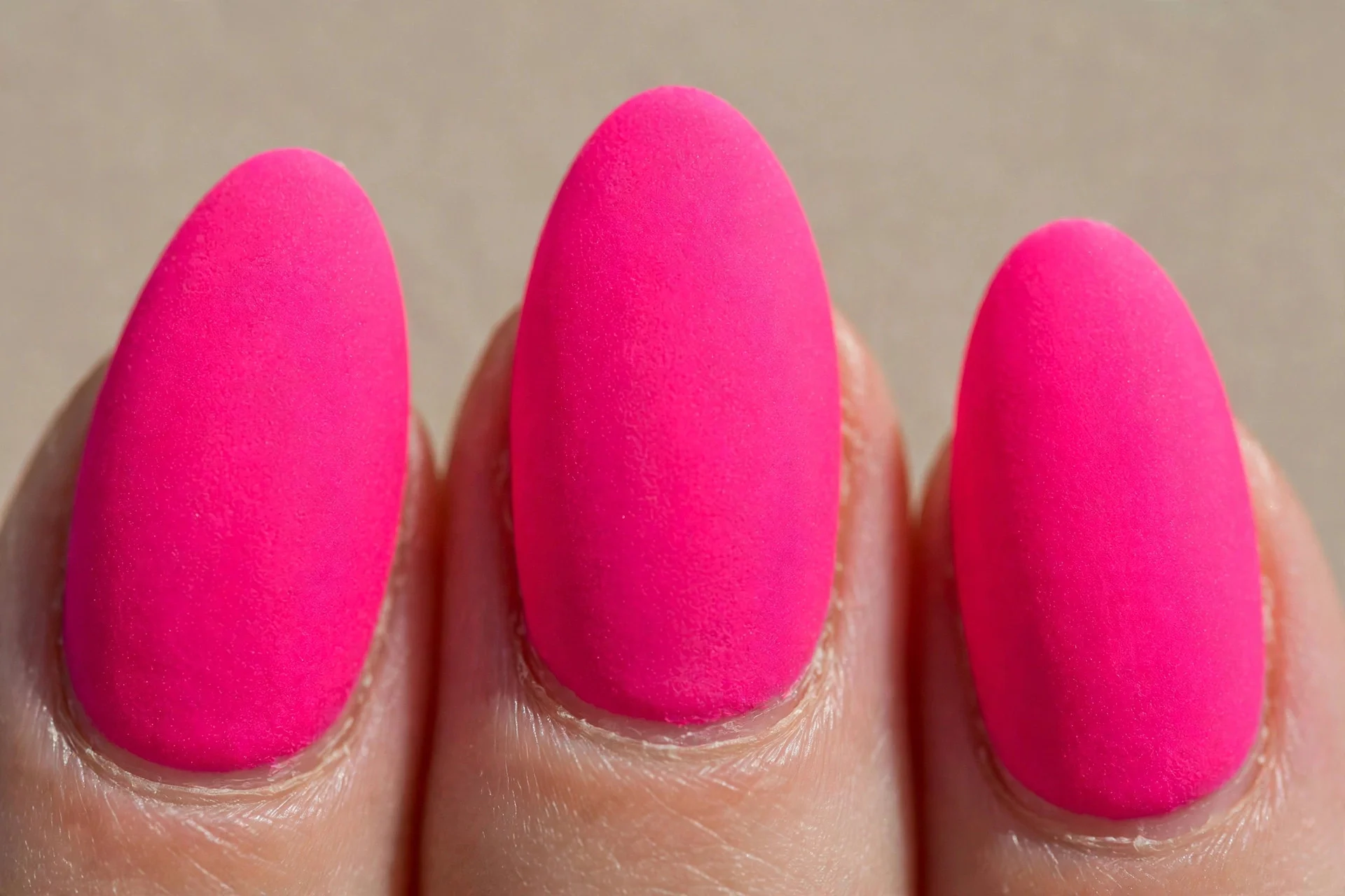 matte neon pink, almond nails, velvety vivid