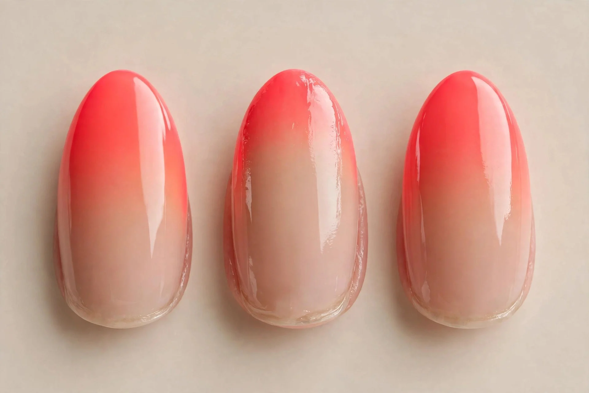 neon coral to nude ombré, almond nails, glossy