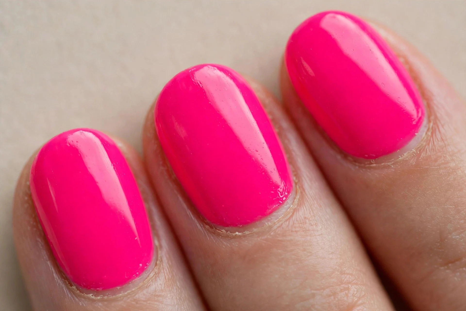 hot neon pink, short oval nails, glossy