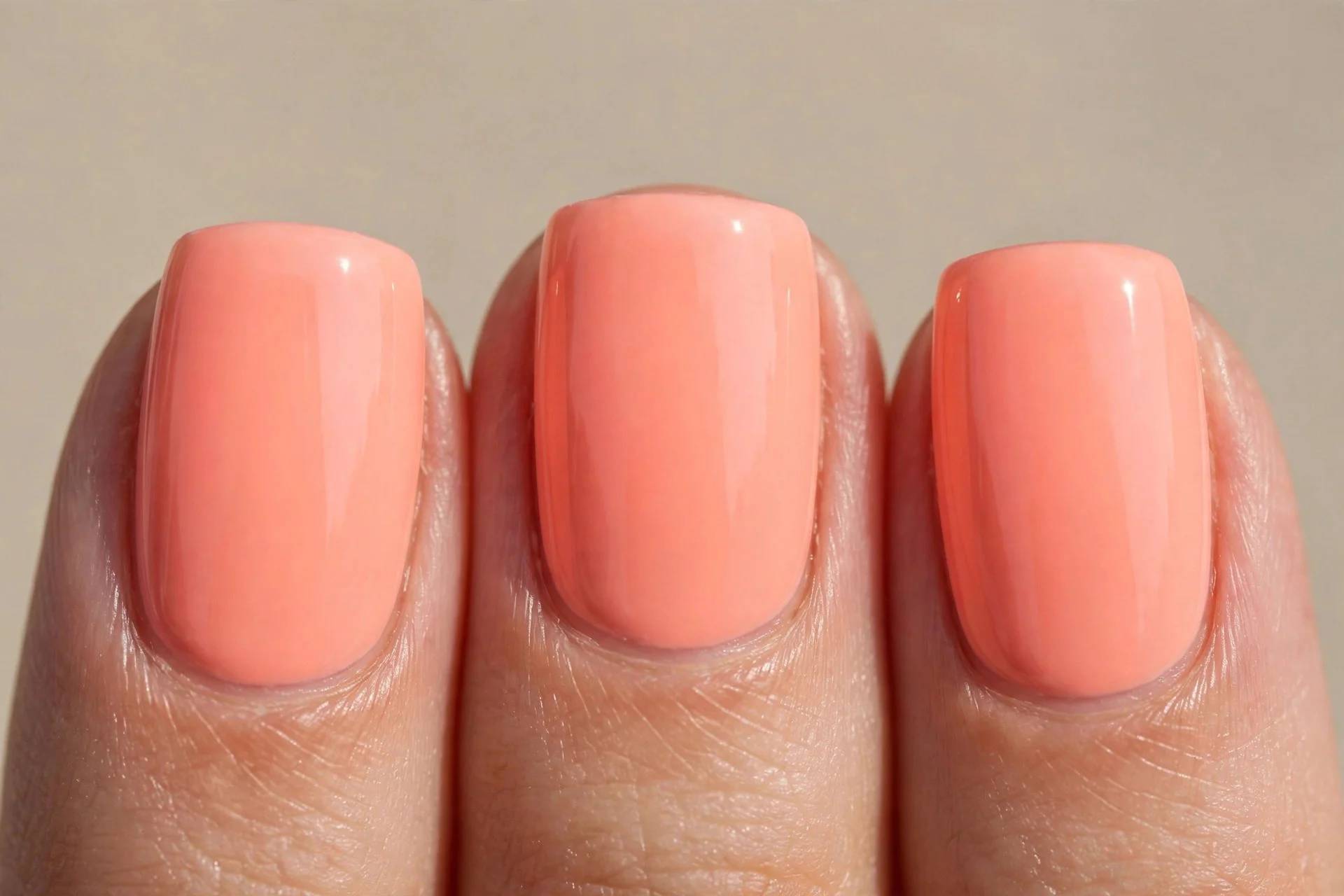 soft neon peach, short square nails, glossy