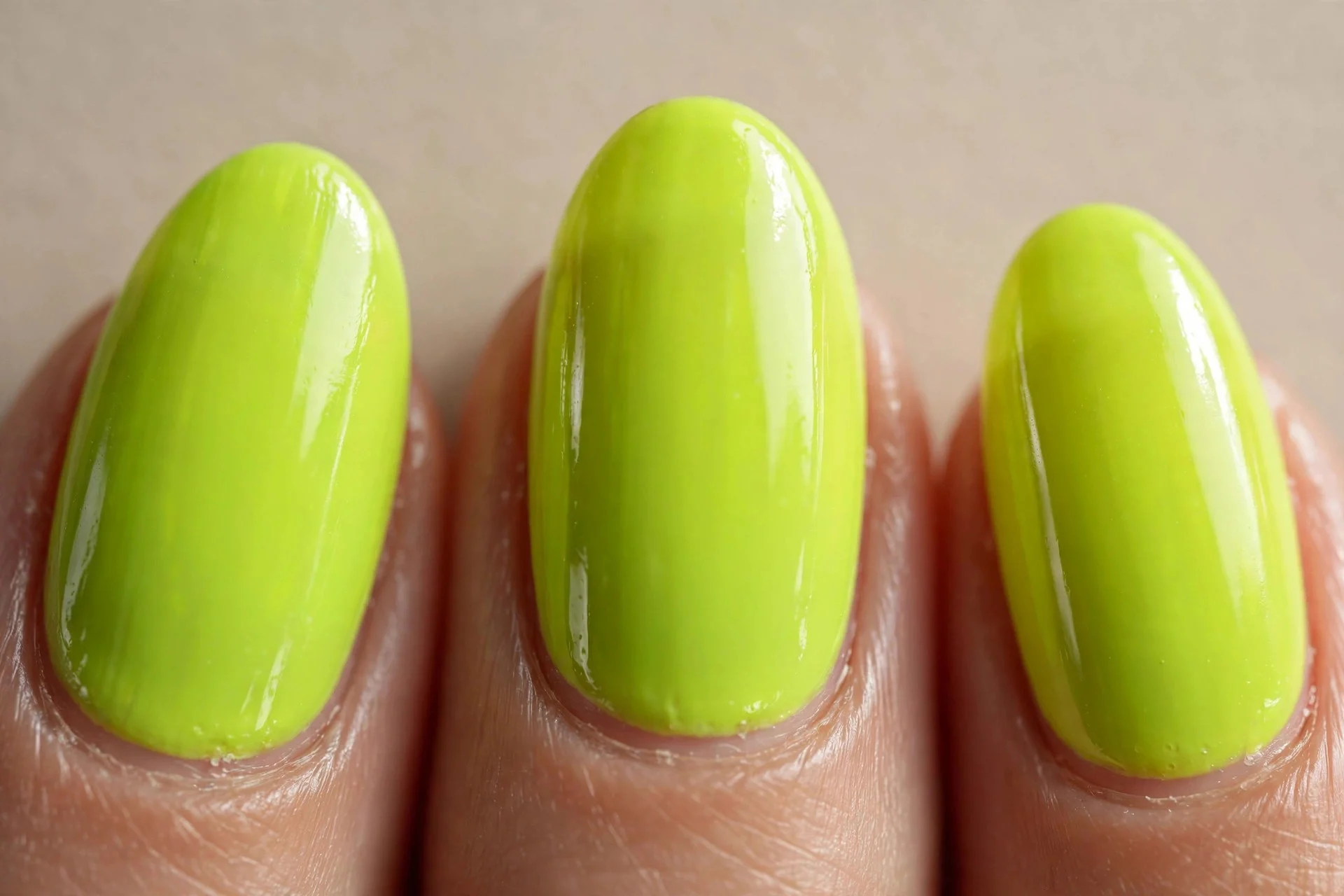 neon lime, medium almond nails, glossy