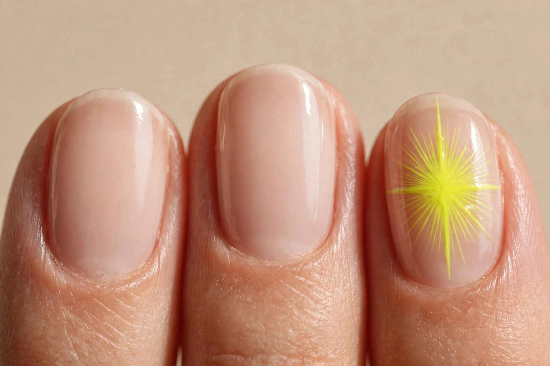 neon yellow starburst accent, nude oval nails
