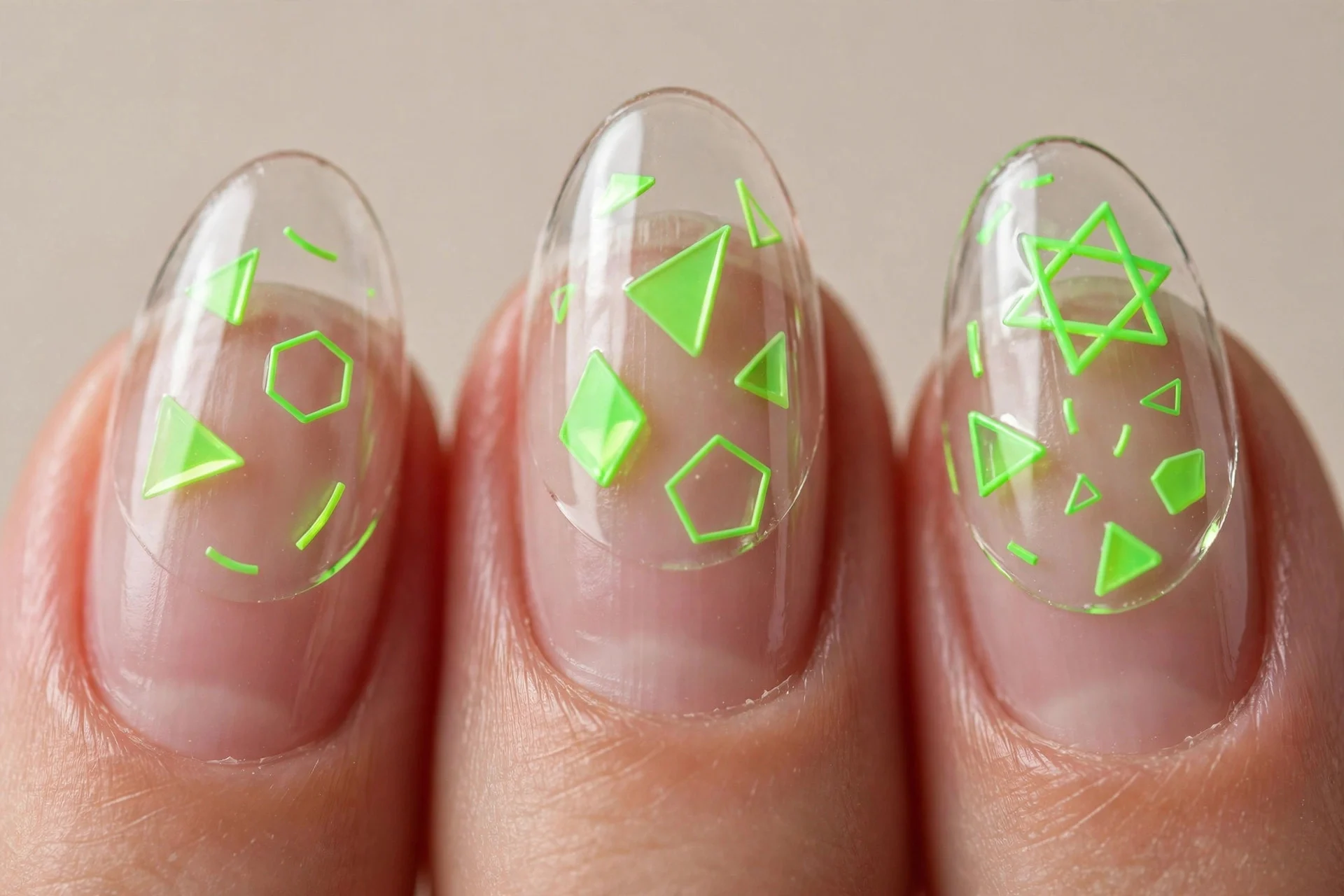 neon green geometrics, clear negative-space base, almond
