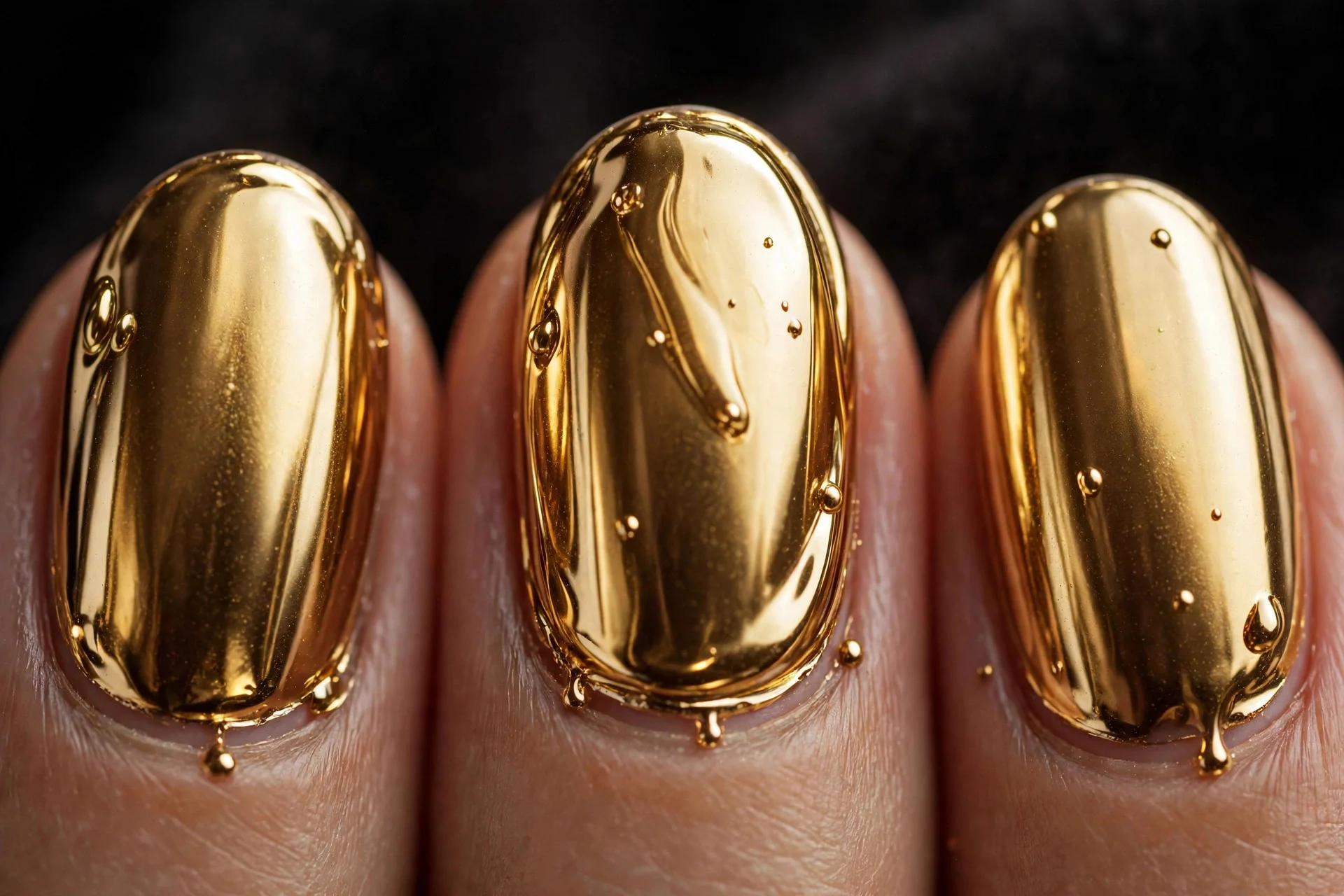 Oval nails with liquid gold chrome finish, dark background