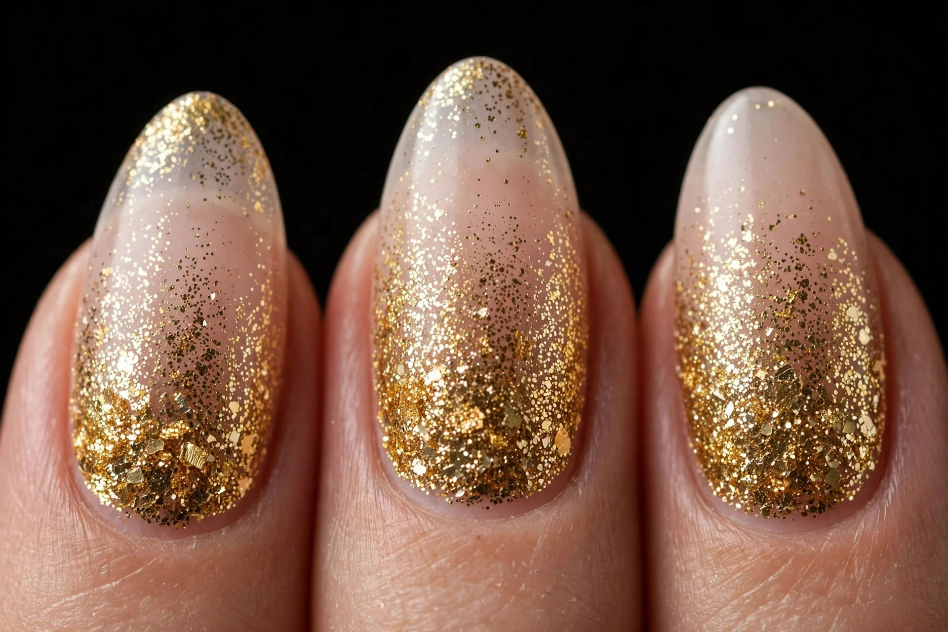 Almond nails with dense gold glitter gradient, black background