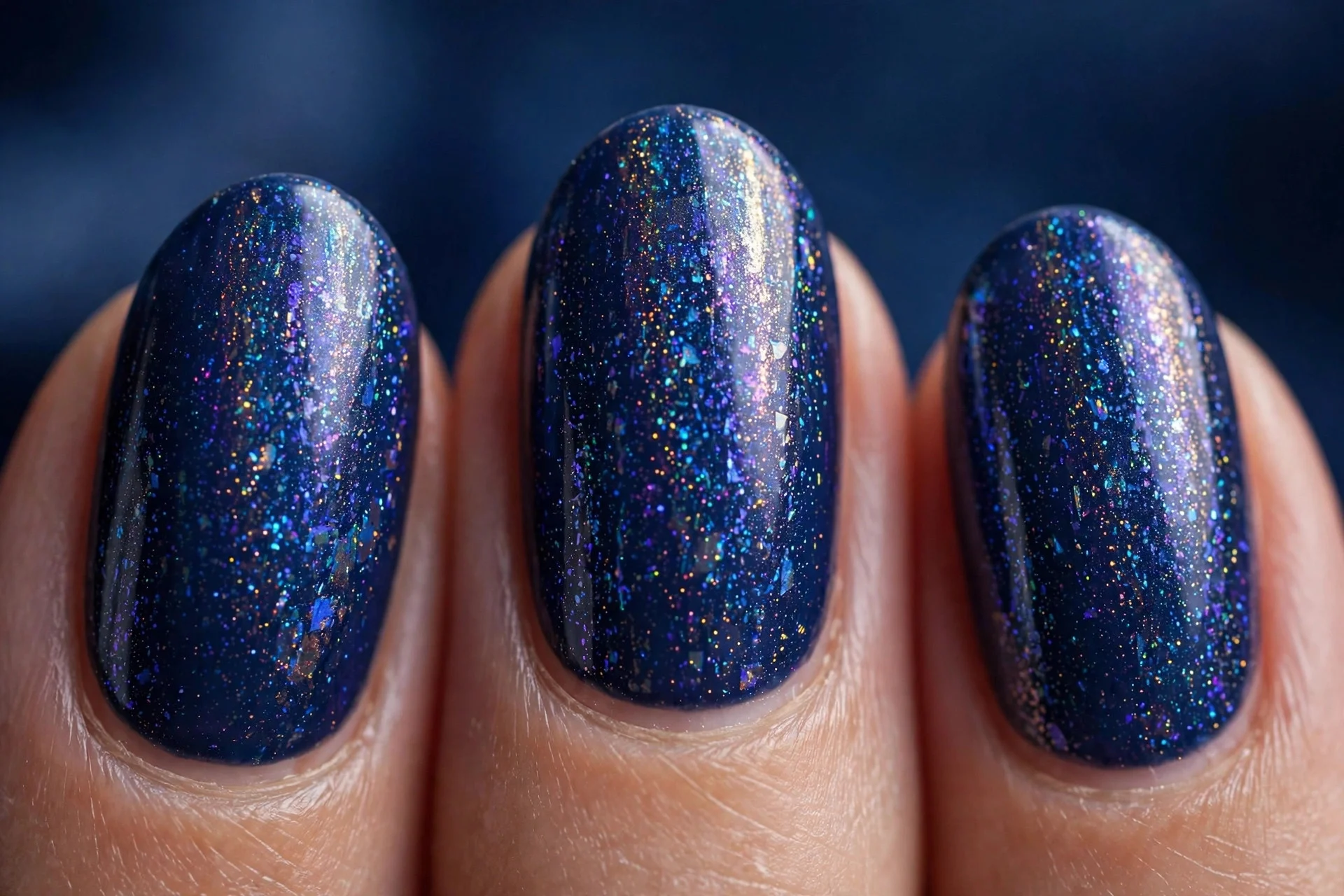 Oval nails in deep navy with holographic top coat, dark blue background