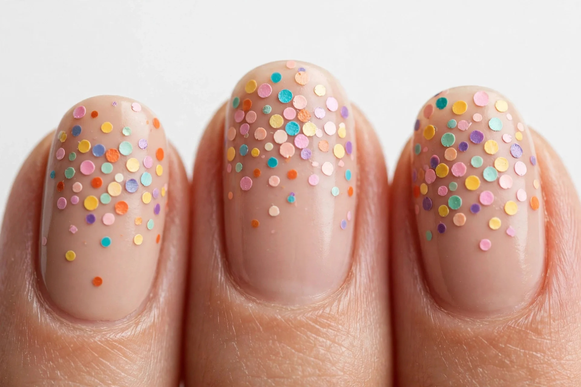 Nude nails with multi-coloured confetti dot art, white background