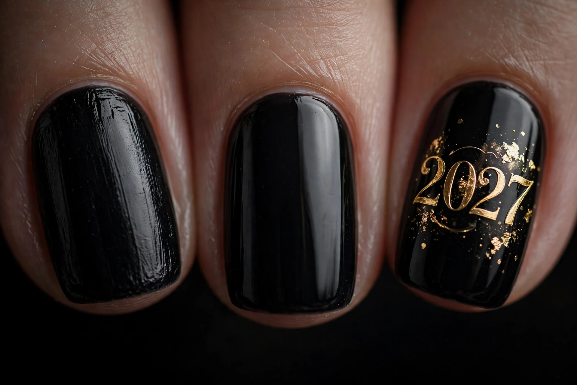 Black nails with gold 2027 number art on accent nails, dark background