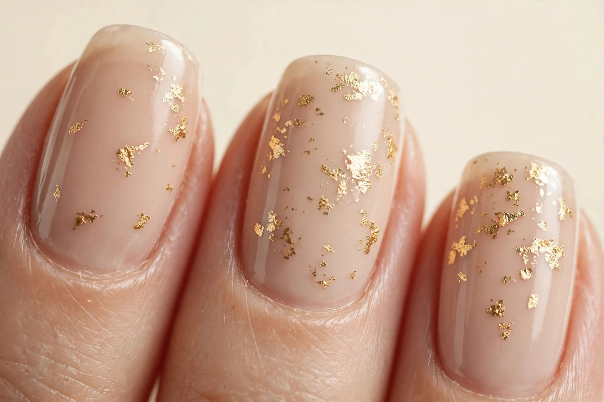 Nude nails with gold leaf flake accents, cream background