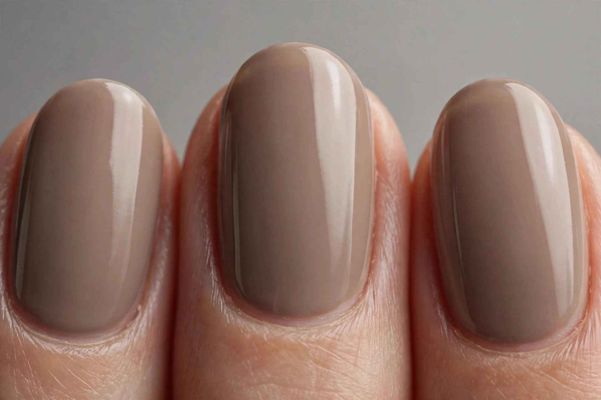 Oval nails in warm cashmere taupe gel, soft grey background