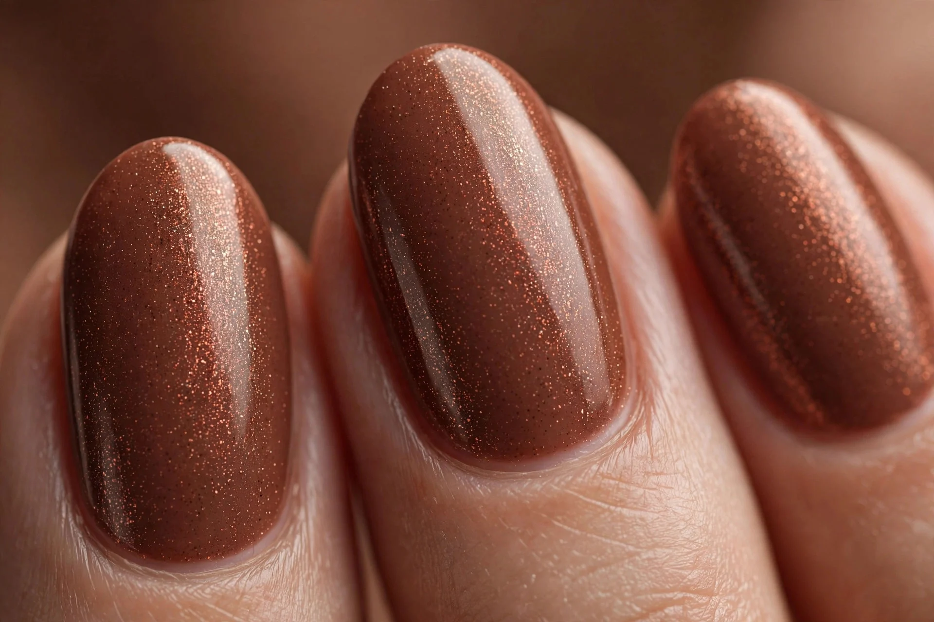 Almond nails in cocoa brown with copper shimmer, warm brown background