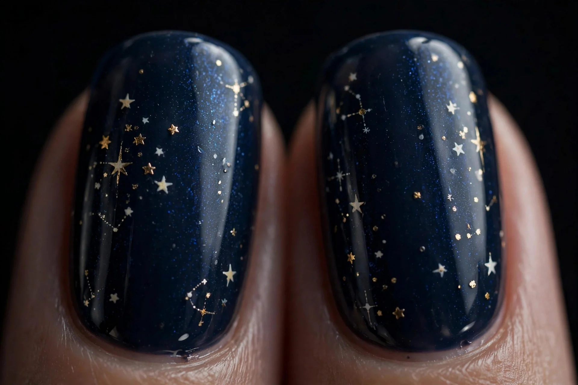 Midnight blue nails with tiny hand-painted star accents, dark background