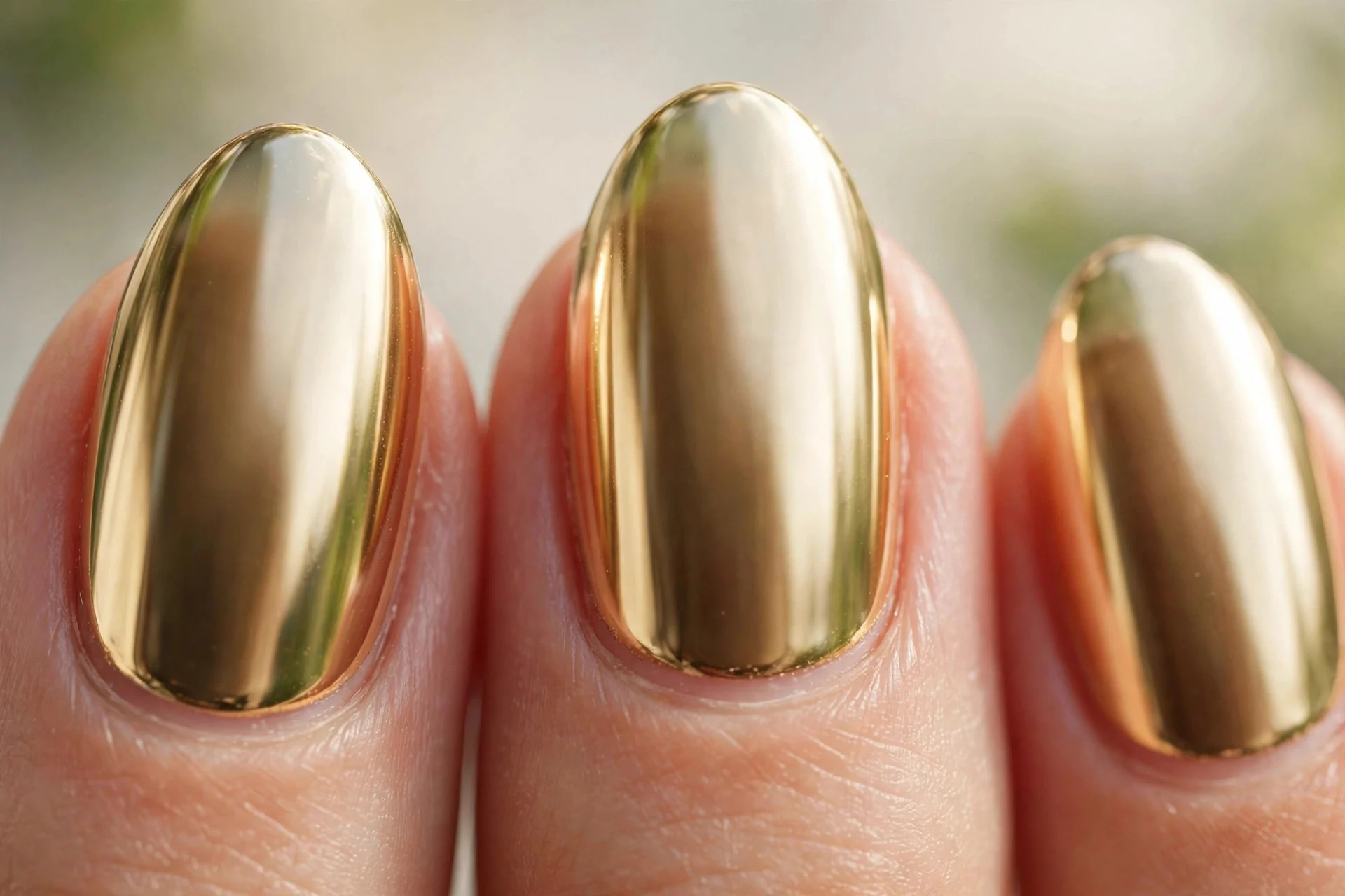 full set of gold mirror chrome nails on almond shape