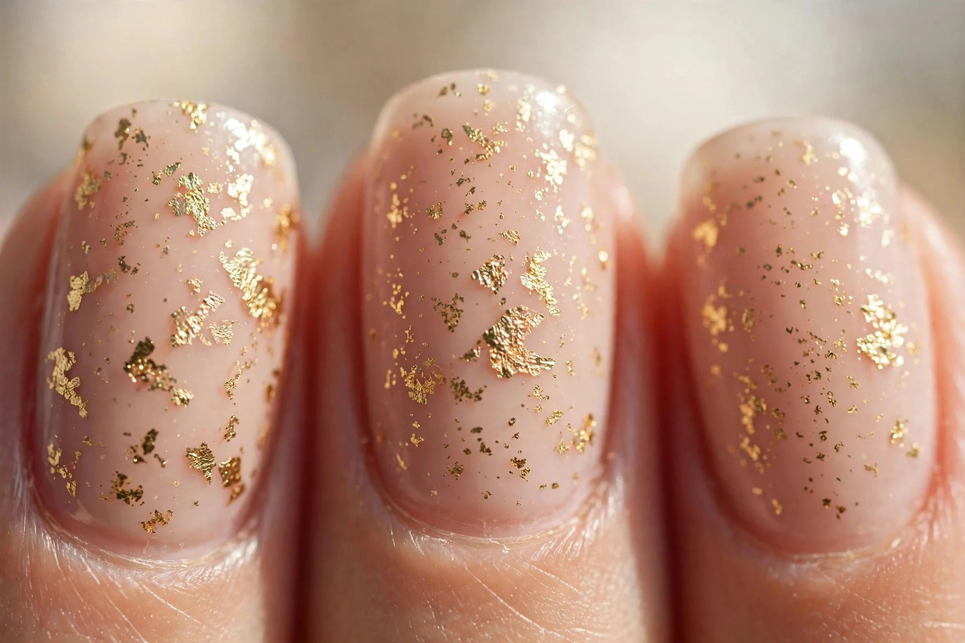 nude nails with scattered gold foil accents