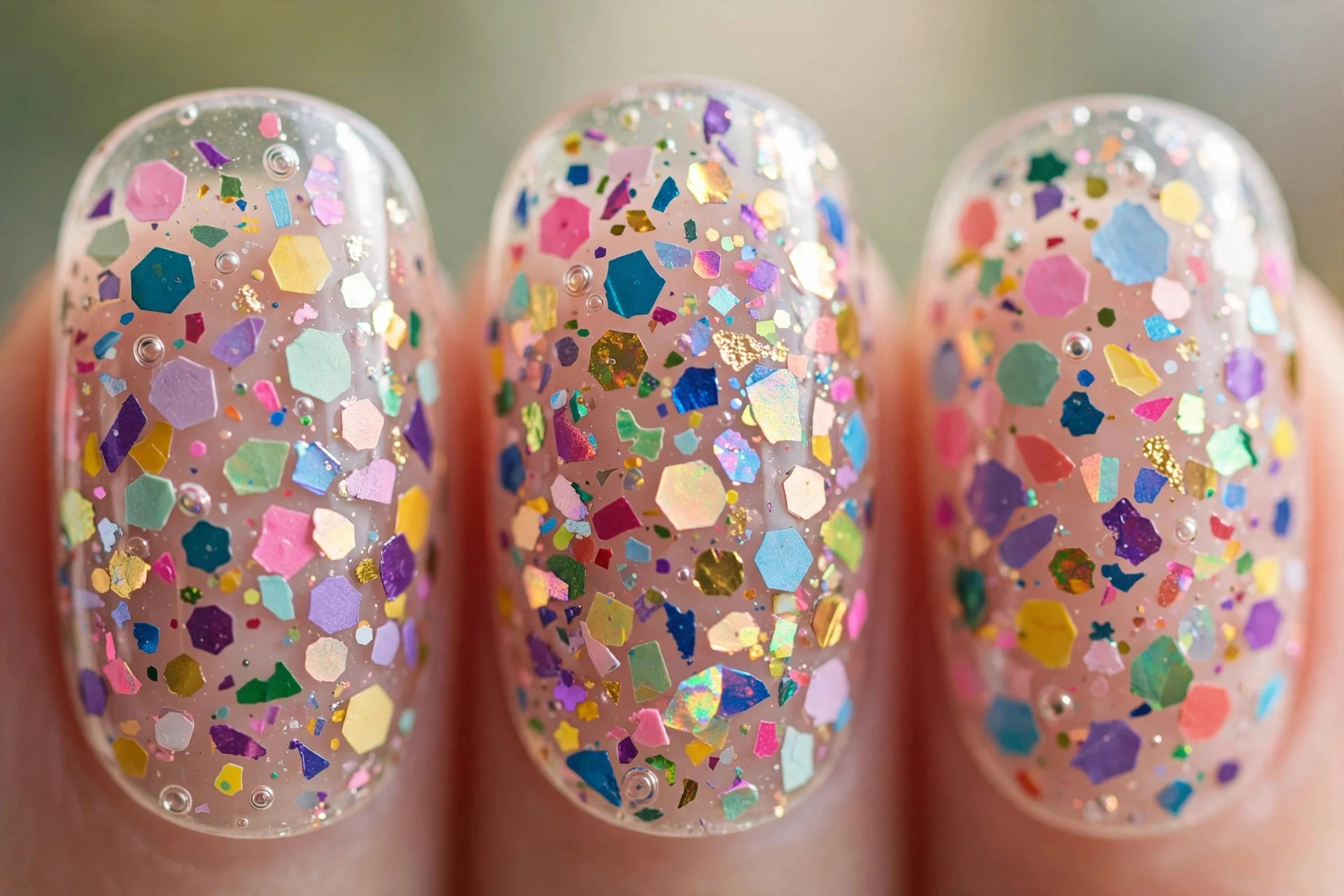 clear nails with multi-colour confetti pieces