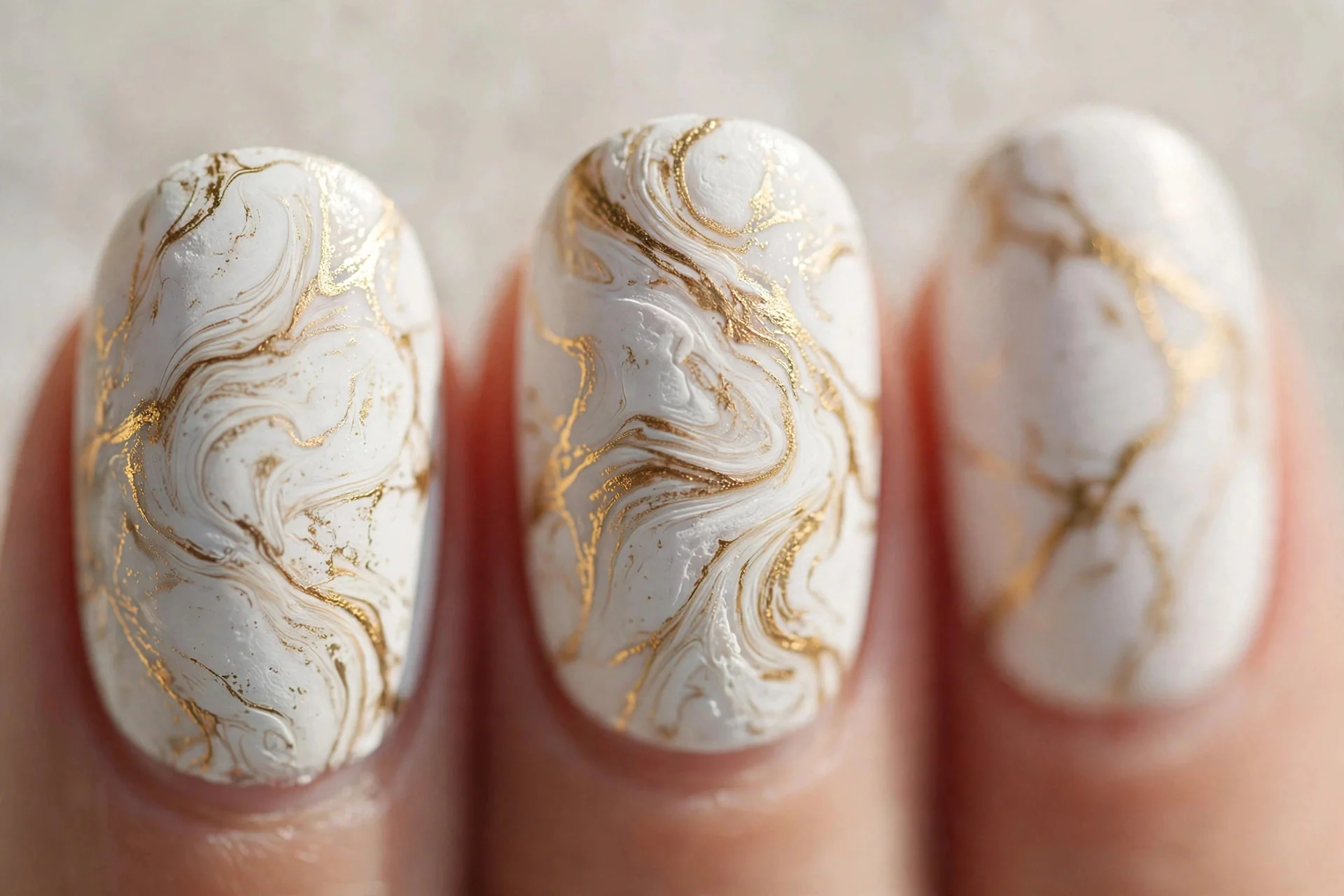 white nails with gold marble veining