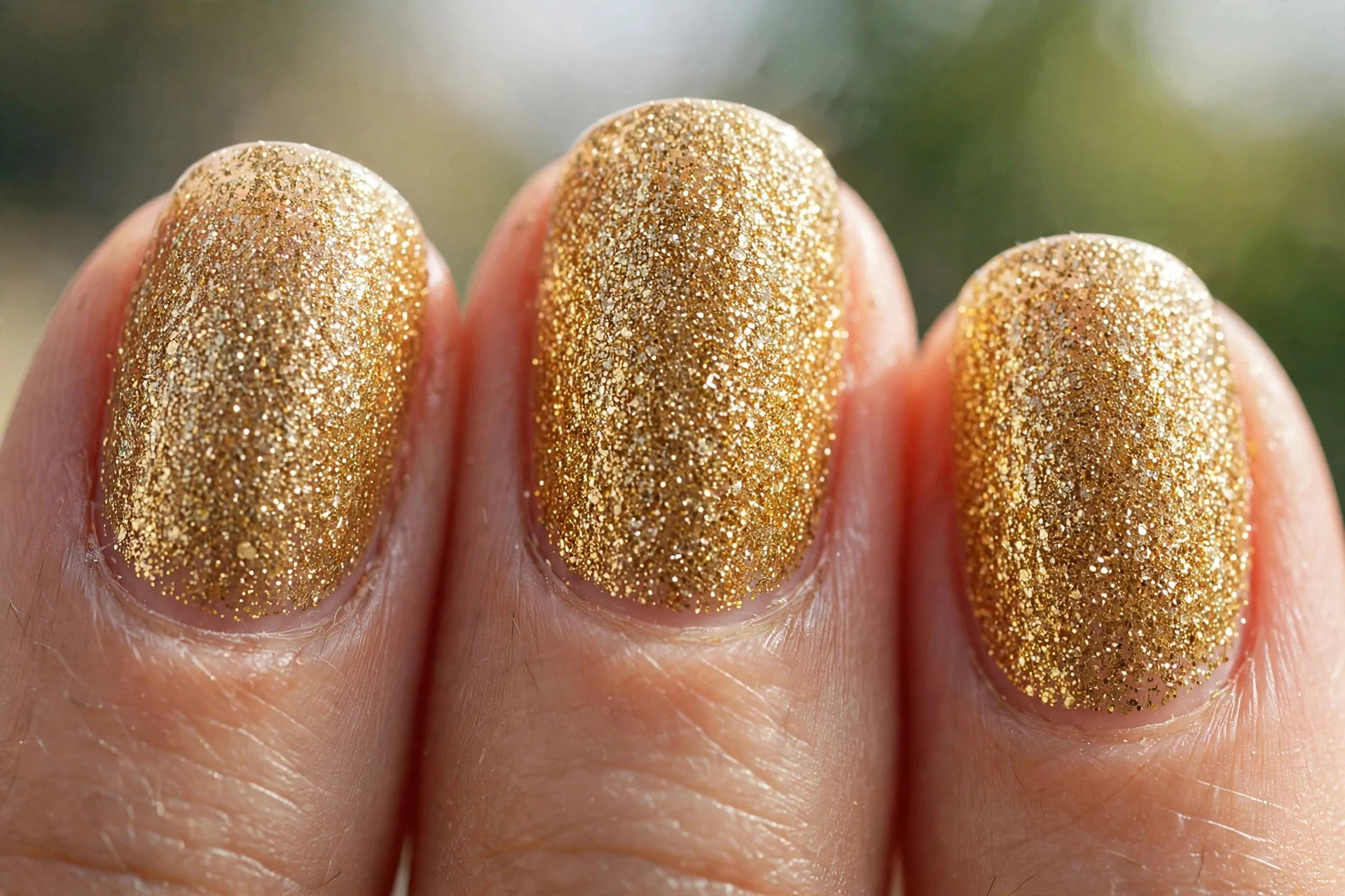 full-coverage fine gold glitter nails