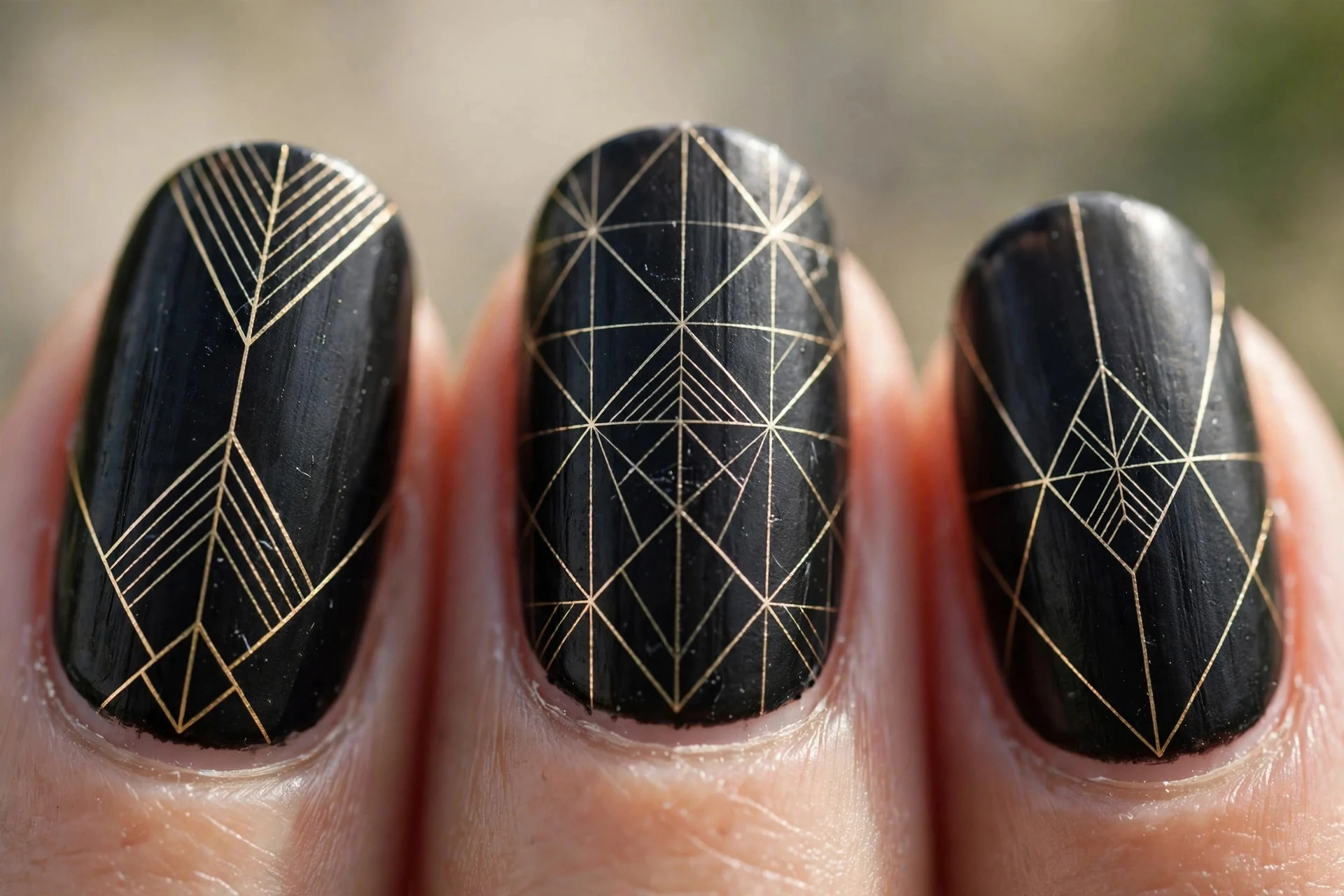 black nails with thin gold geometric line designs