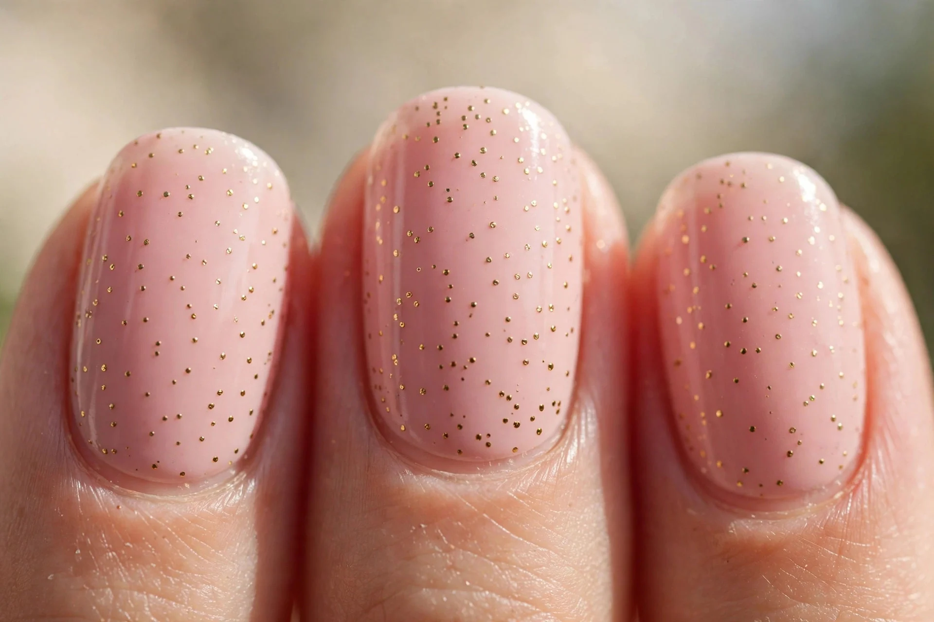 blush pink nails with tiny gold micro-dots