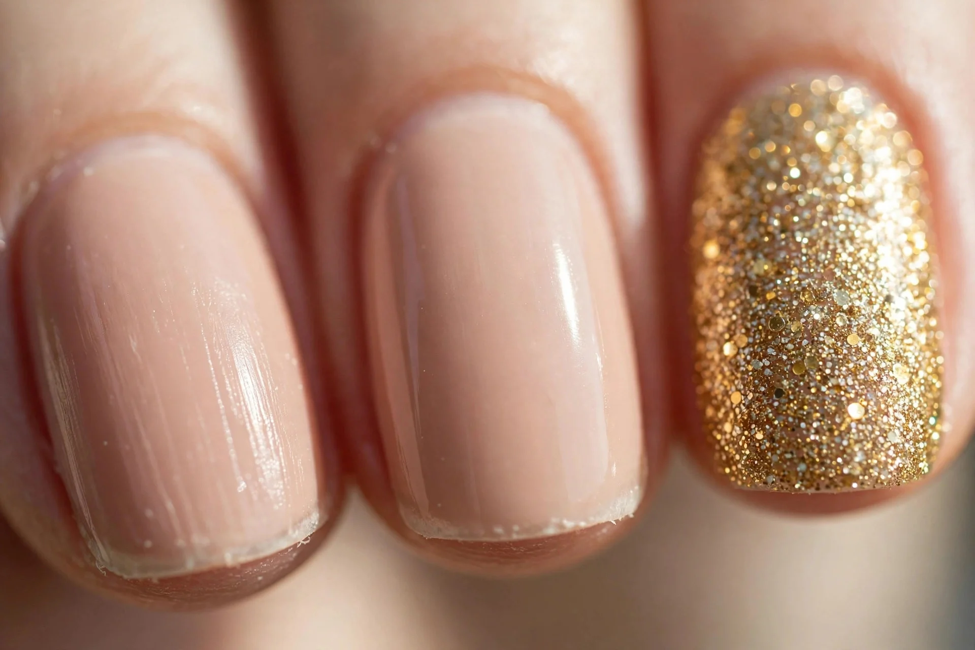 nude nails with one gold glitter accent nail, glossy
