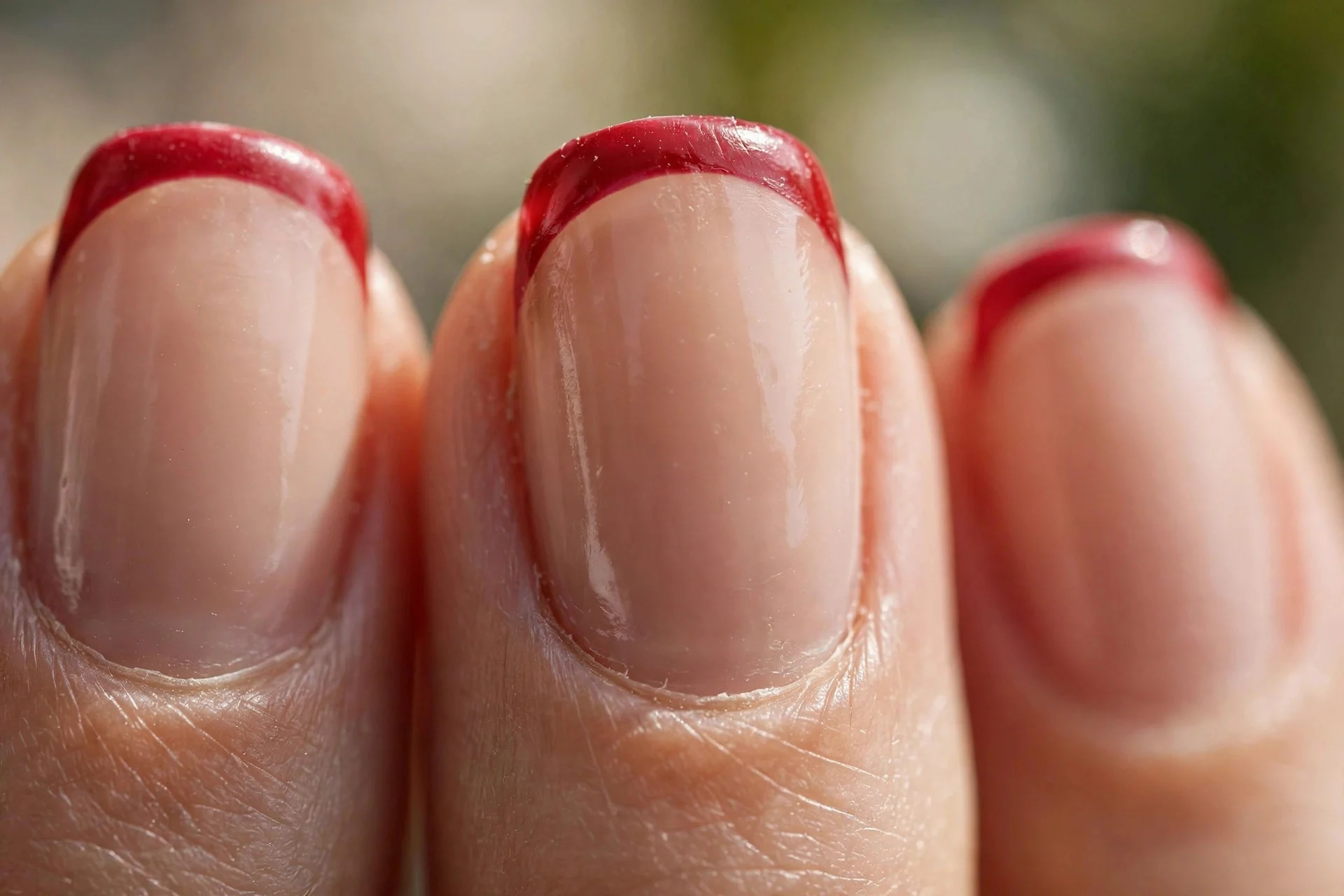 nude nails with red French tips