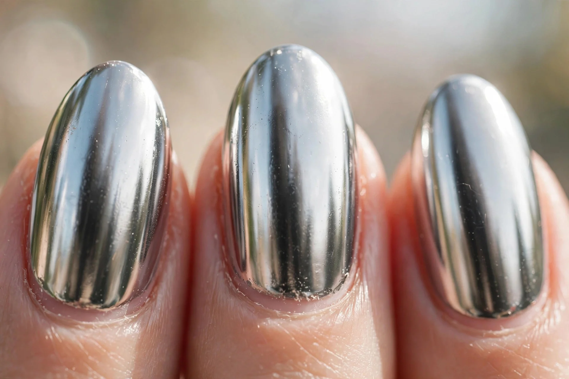 chrome press-on nails in medium almond shape