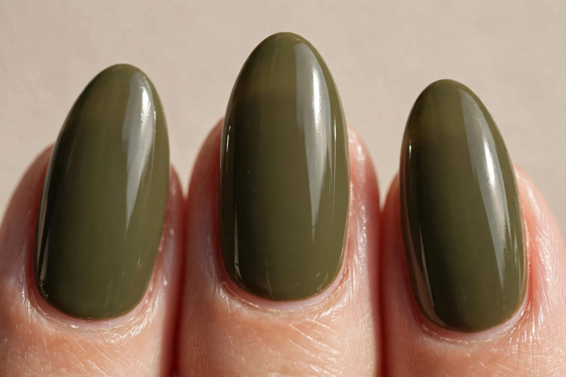 deep army-olive creme, glossy, medium almond