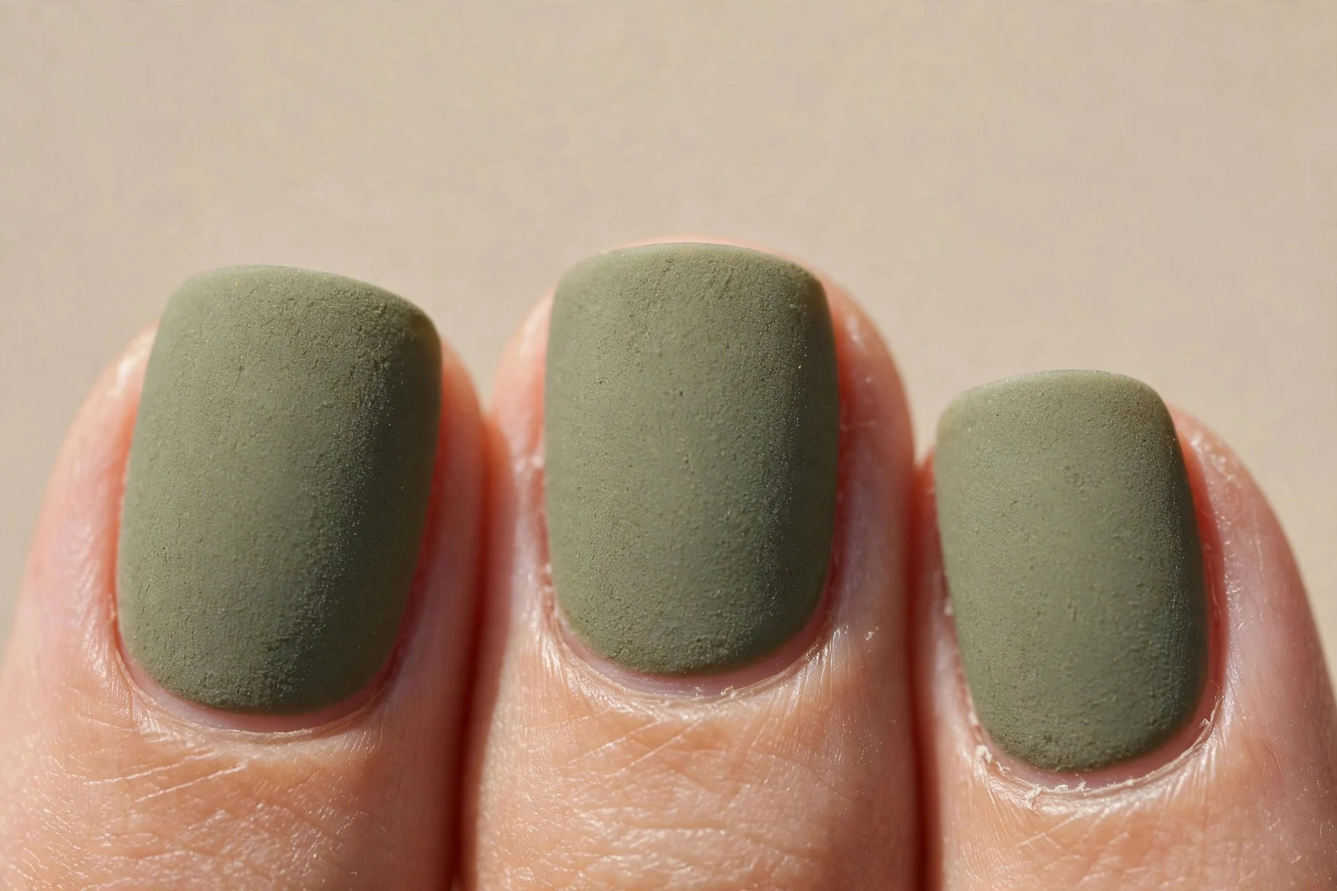 sage-olive matte, short squoval, suede finish