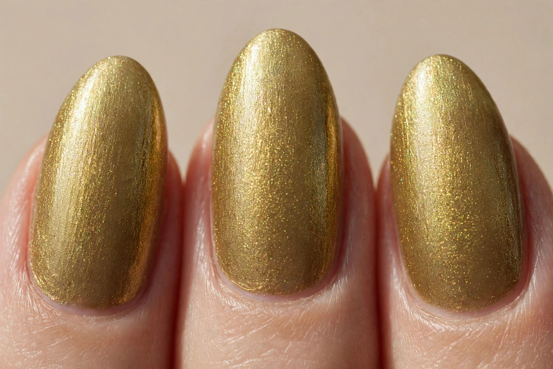 golden-olive shimmer, metallic, medium almond
