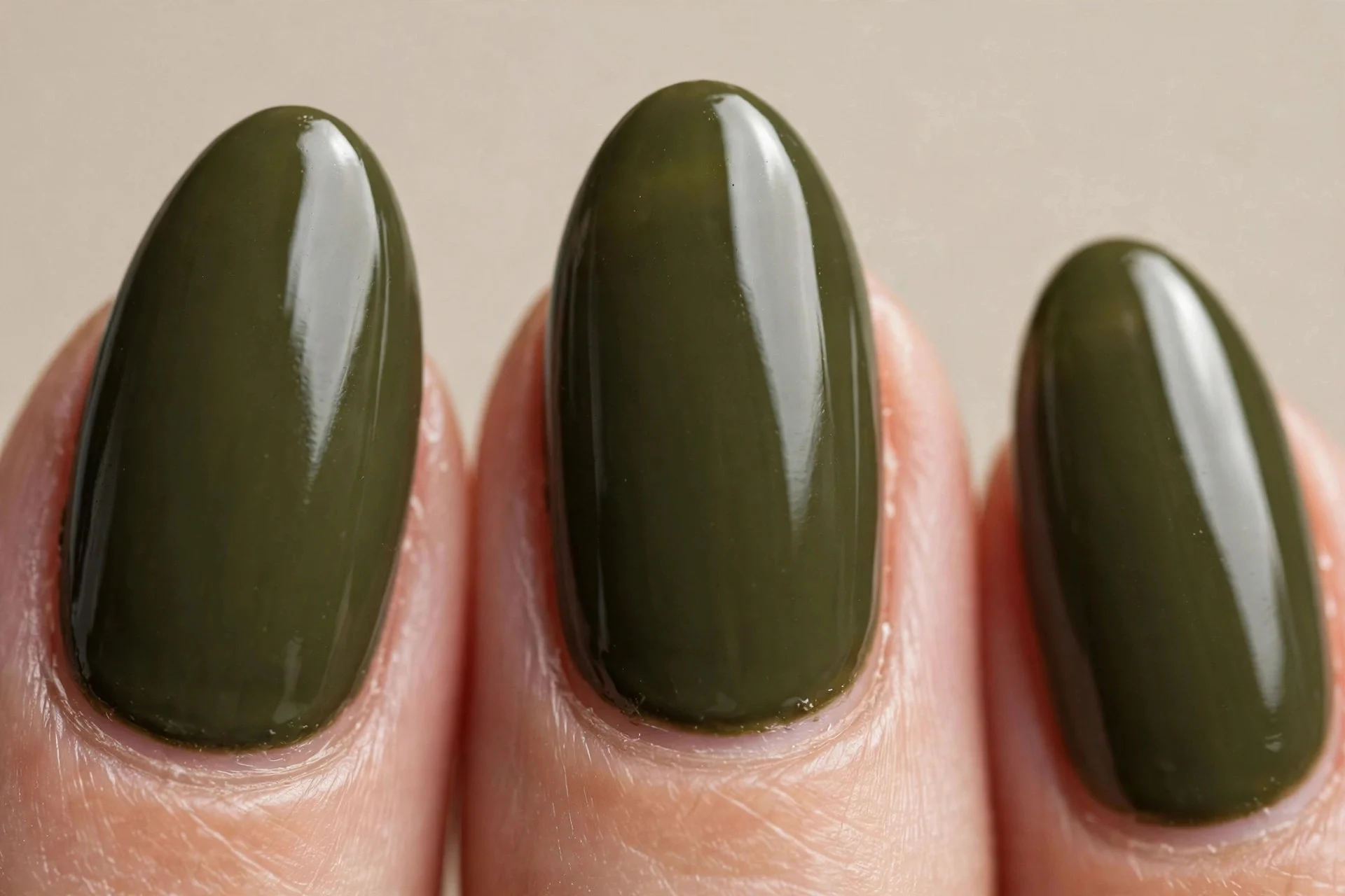 army-olive gel, deep glossy, medium almond
