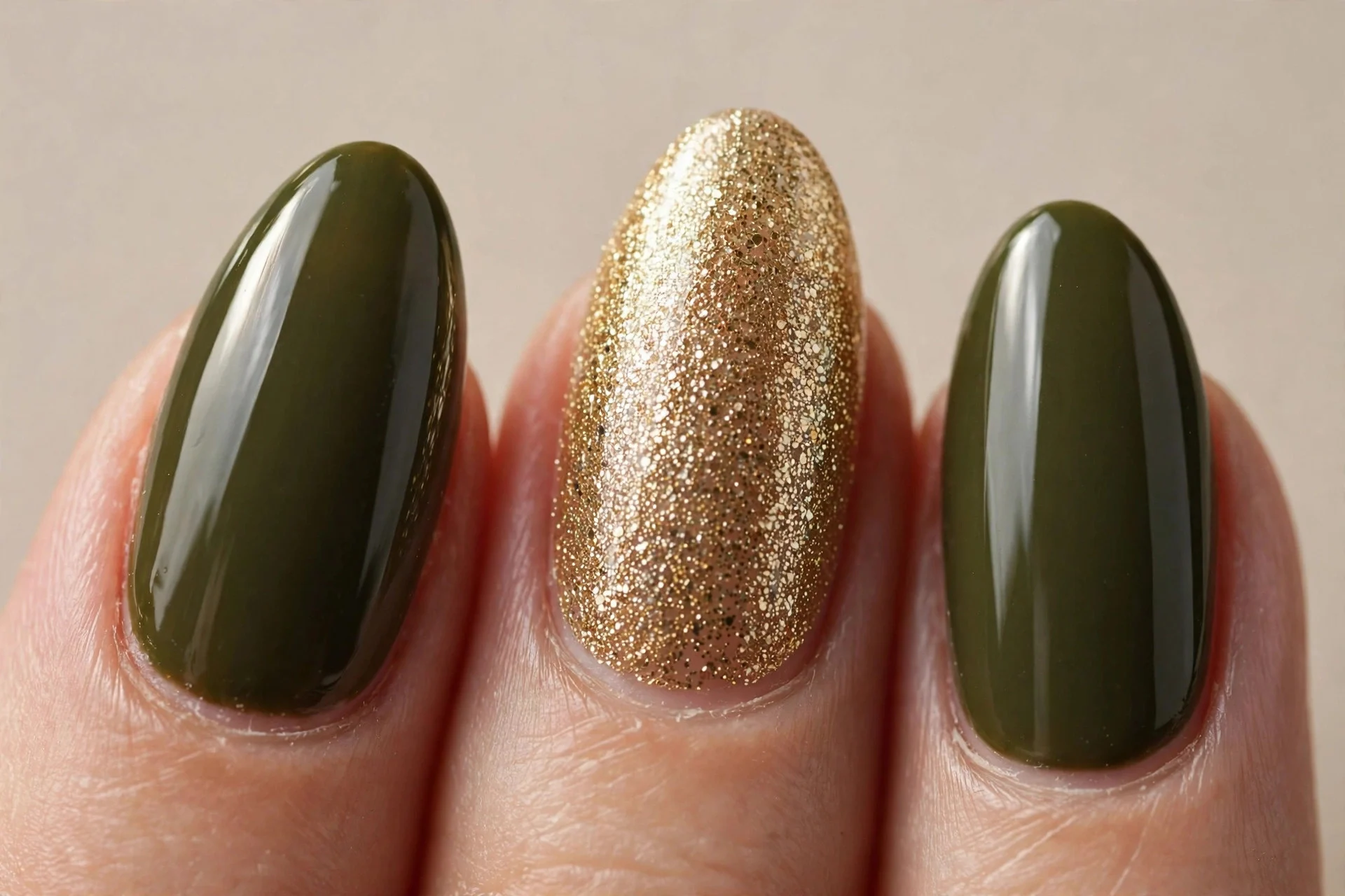 deep olive, gold glitter accent, almond