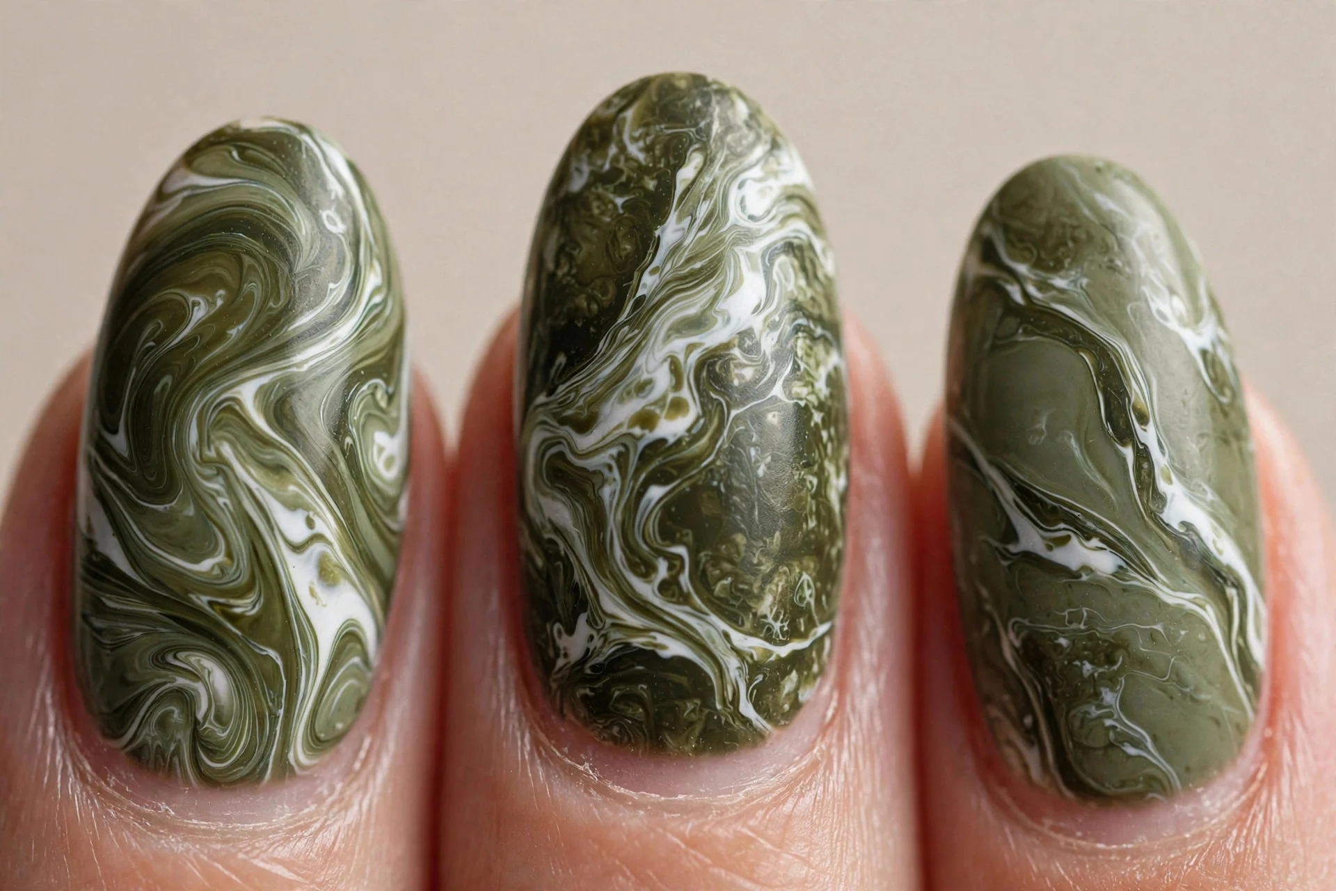 sage-olive and white water marble, almond