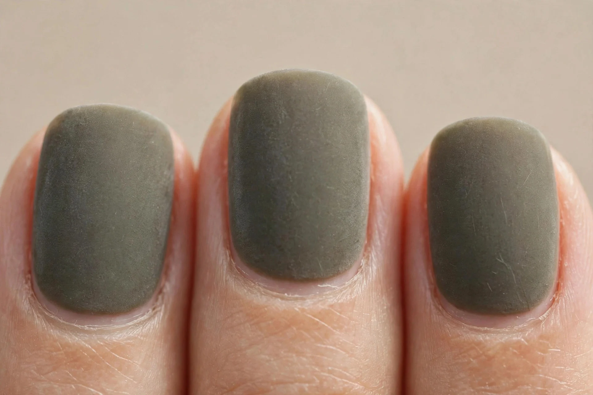 grey-olive satin, velvet-matte, short squoval