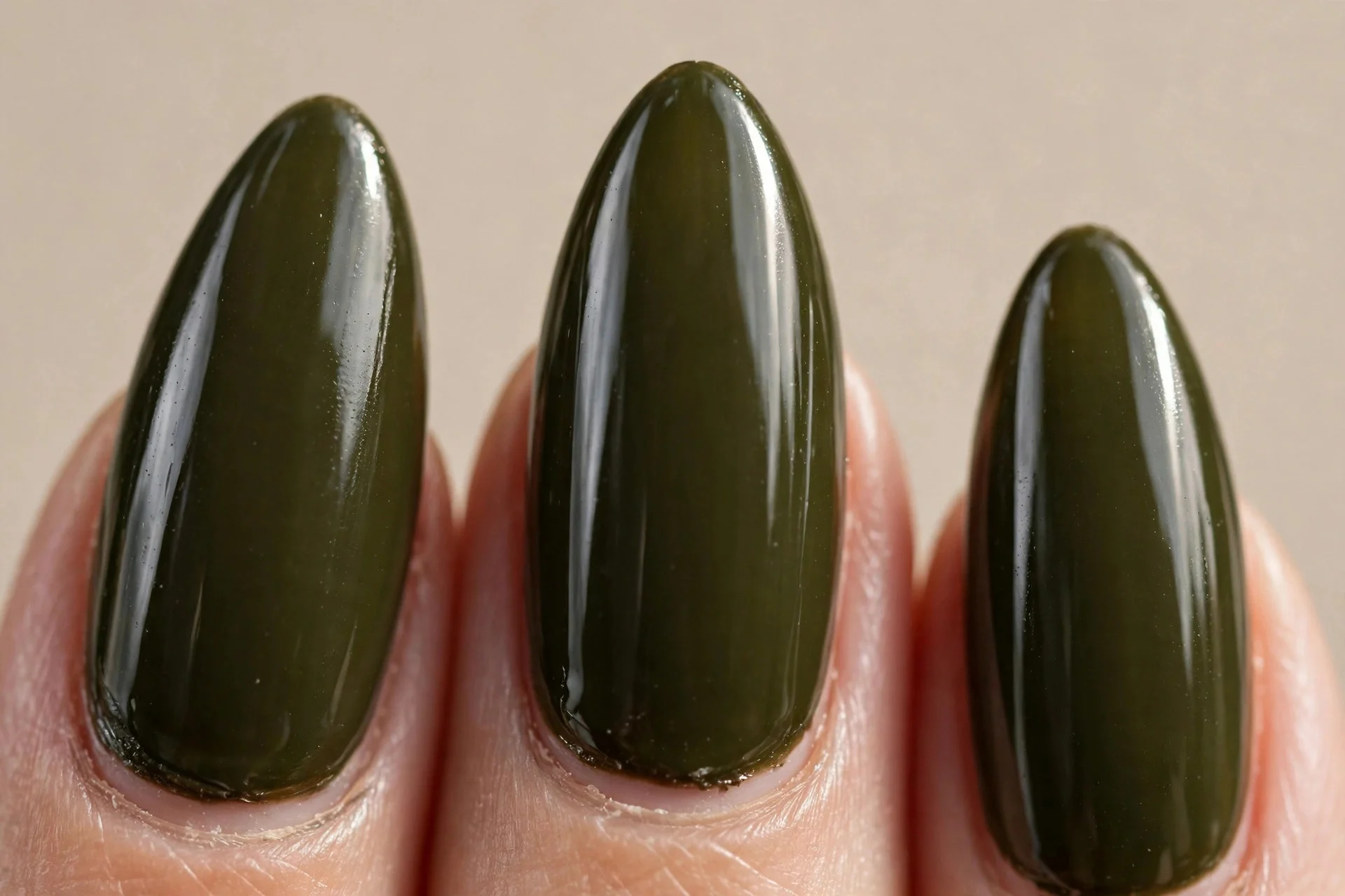 deep glossy olive, long almond, solid colour